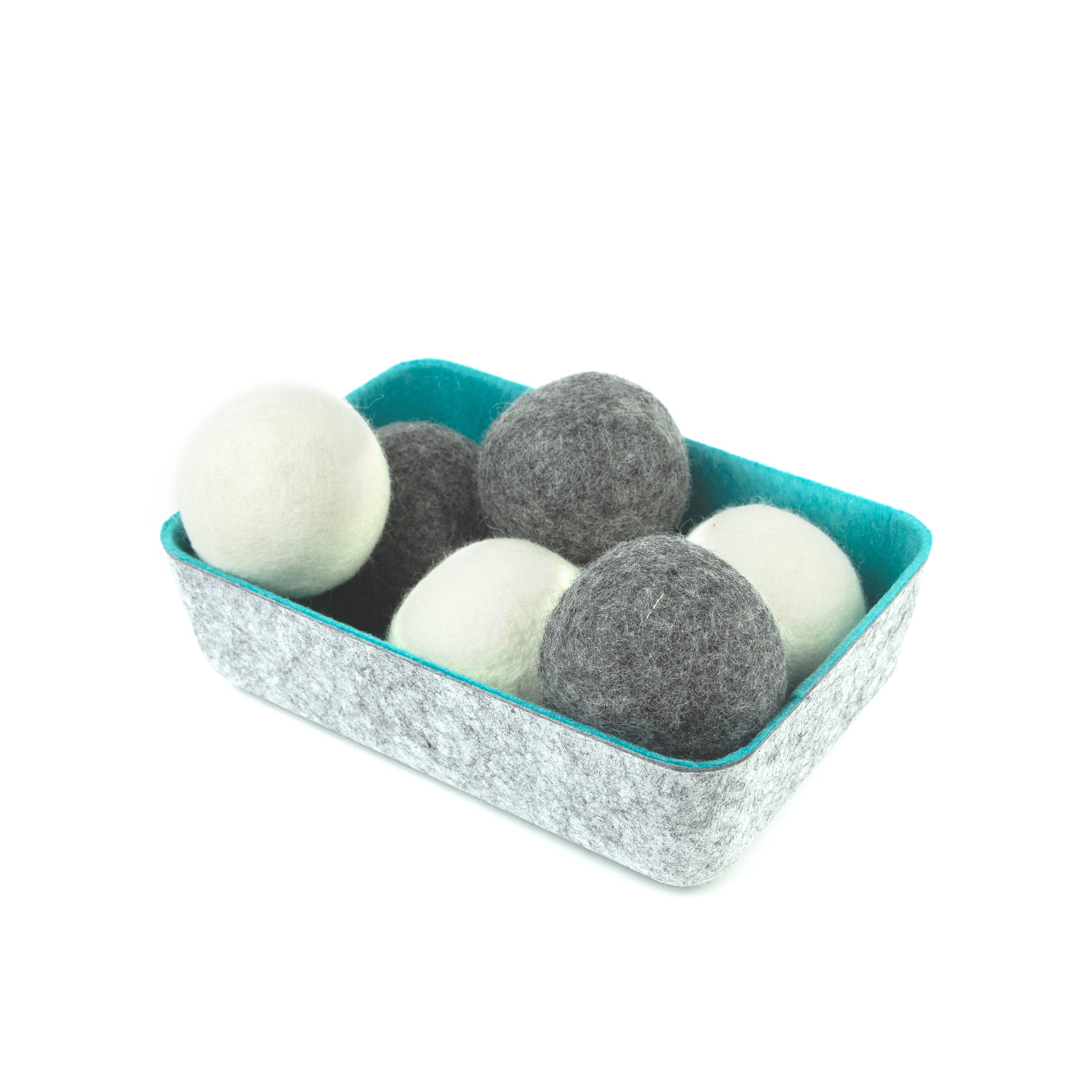 felt·like·it!™ dryer balls + storage bin s/6 WHITE + GRAY in BLUE felt bin