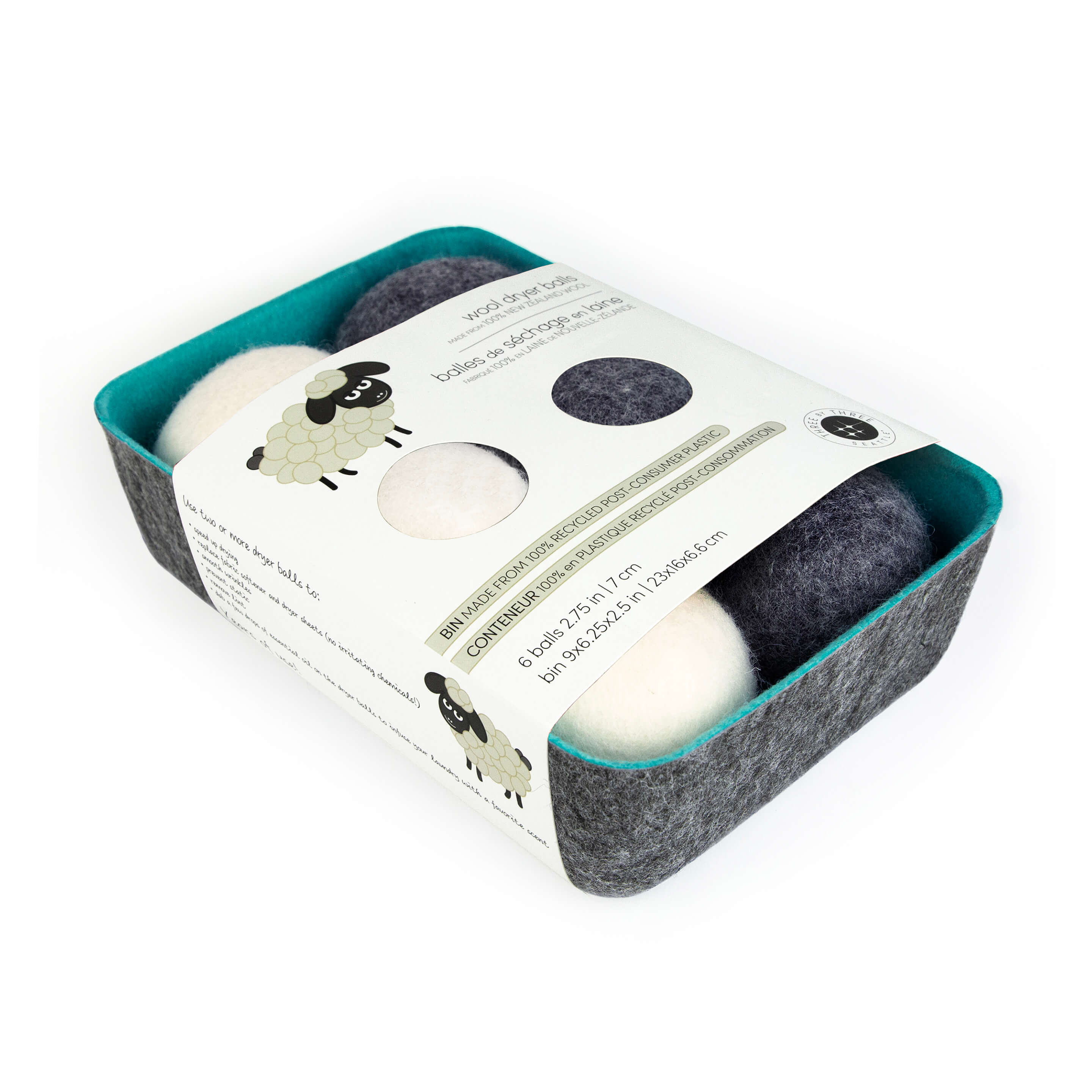 felt·like·it!™ dryer balls + storage bin s/6 WHITE + GRAY in BLUE felt bin