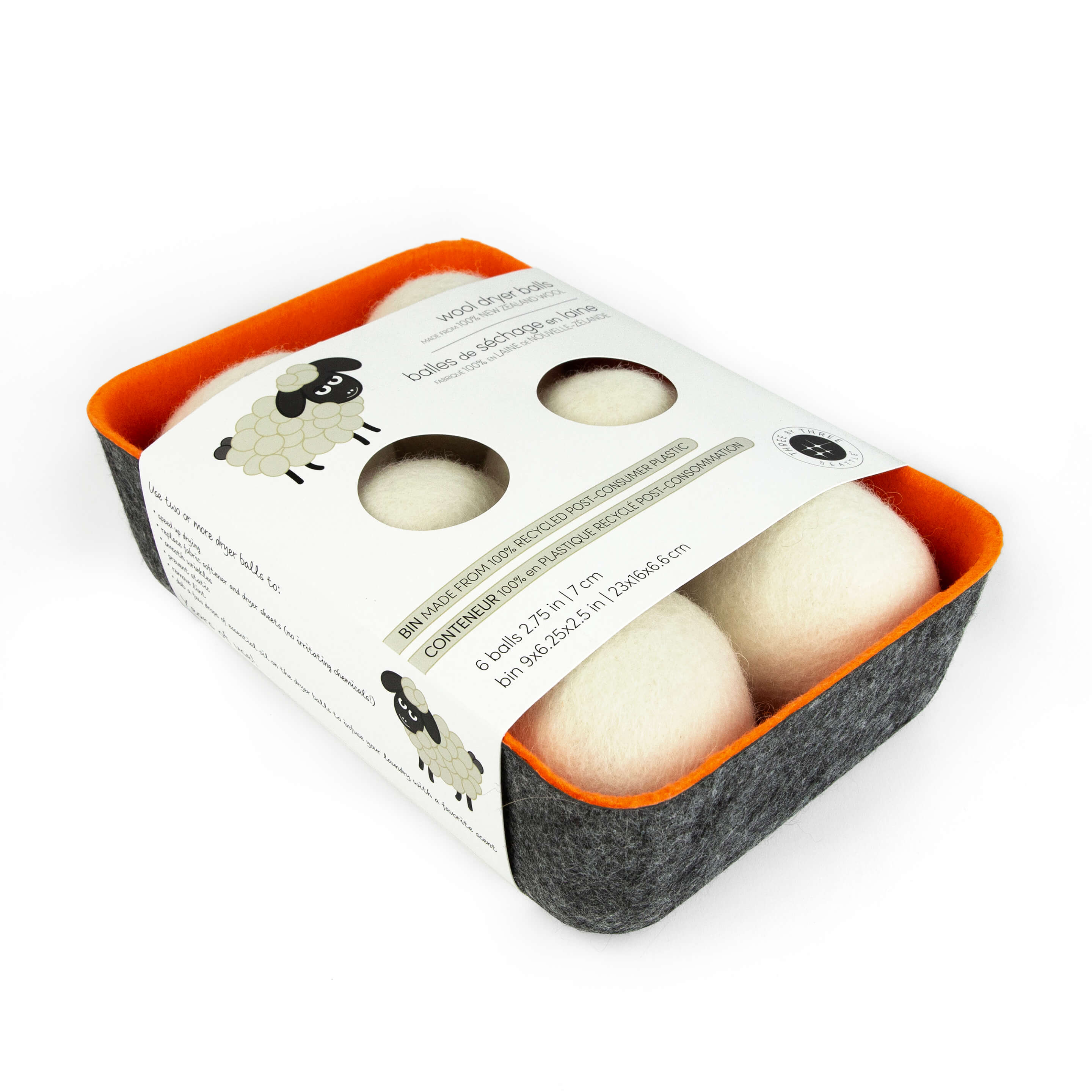 felt·like·it!™ dryer balls + storage bin s/6 WHITE balls in ORANGE felt bin