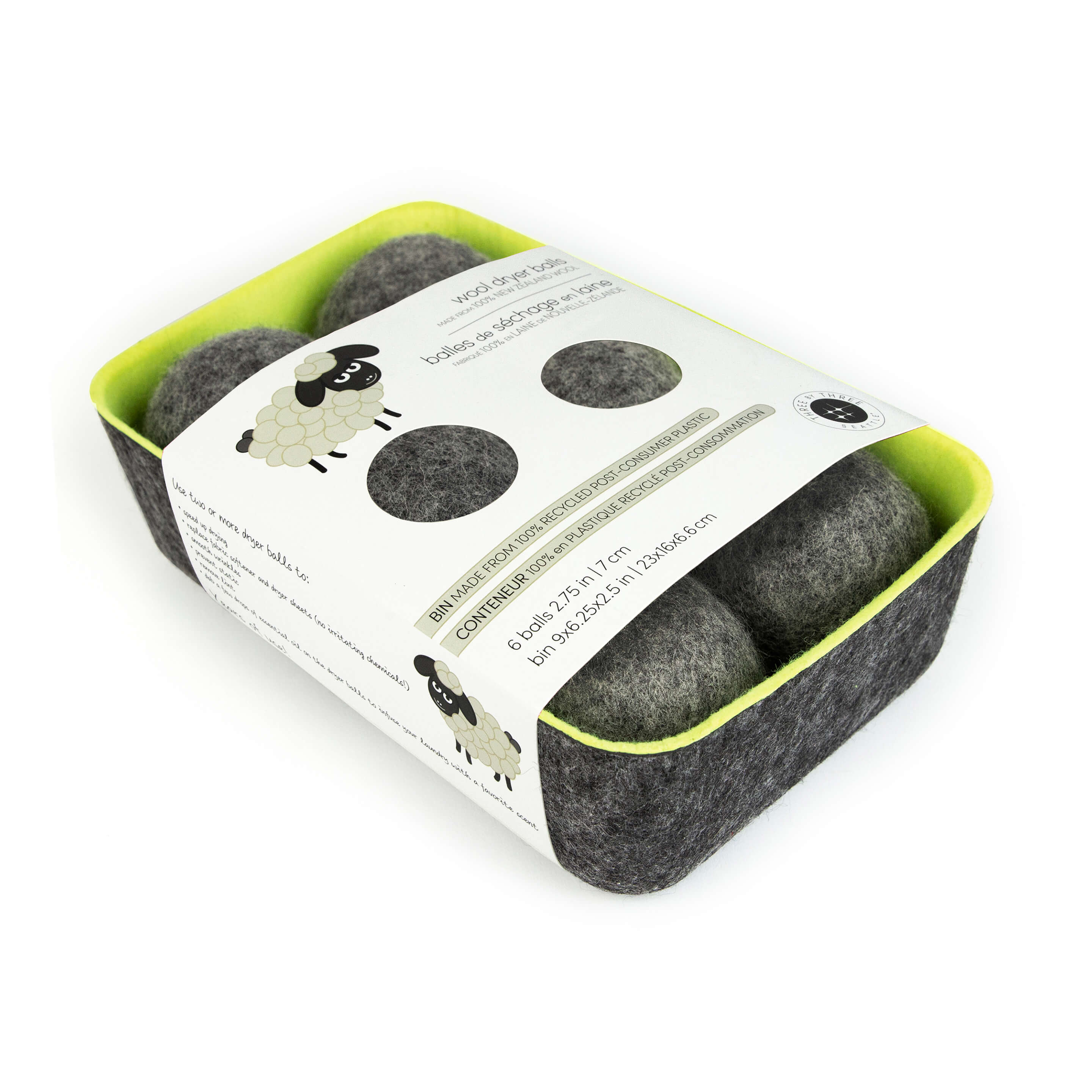 felt·like·it!™ dryer balls + storage bin s/6 GREY balls in GREEN felt bin