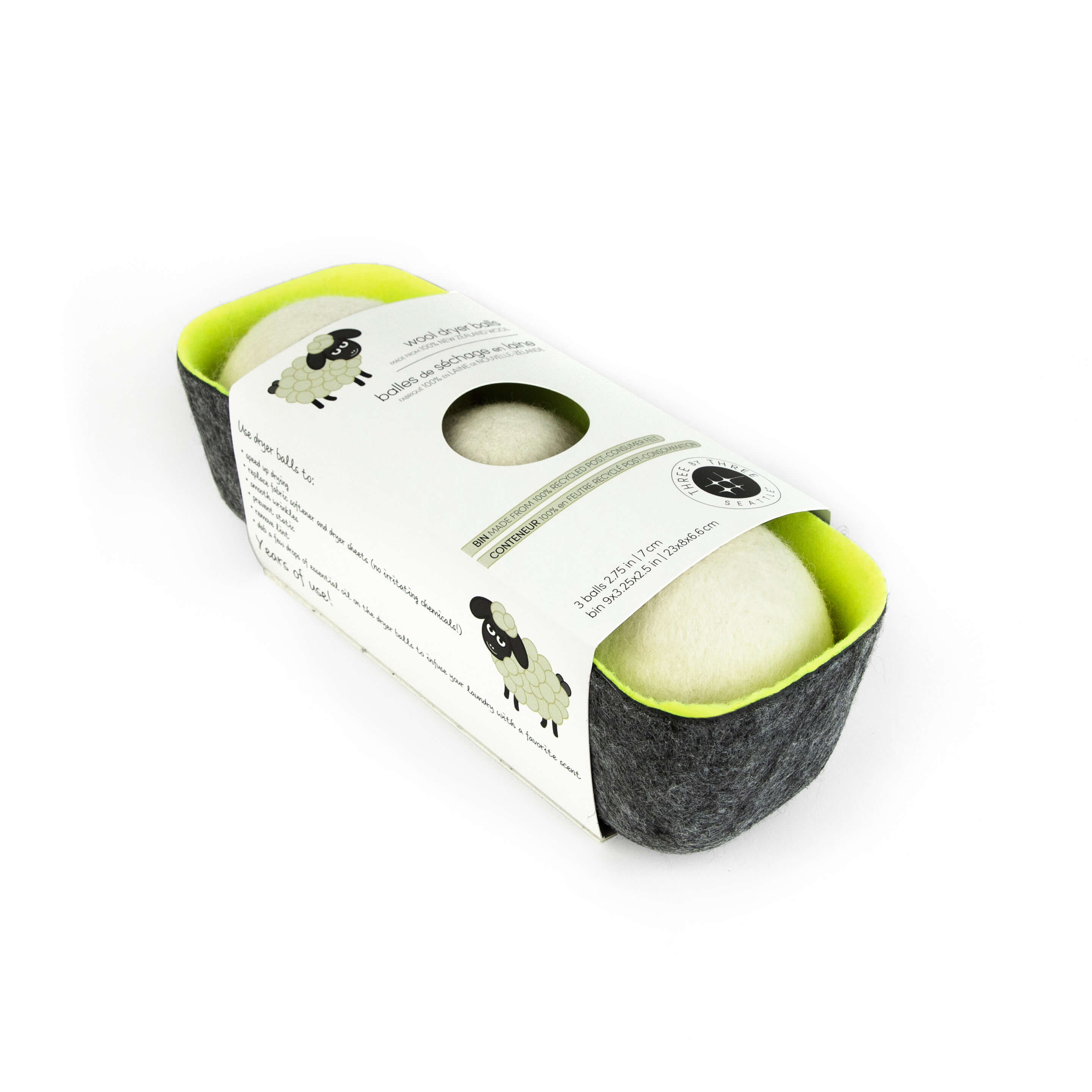 felt·like·it!™ dryer balls + storage bin s/3 WHITE balls in GREEN felt bin