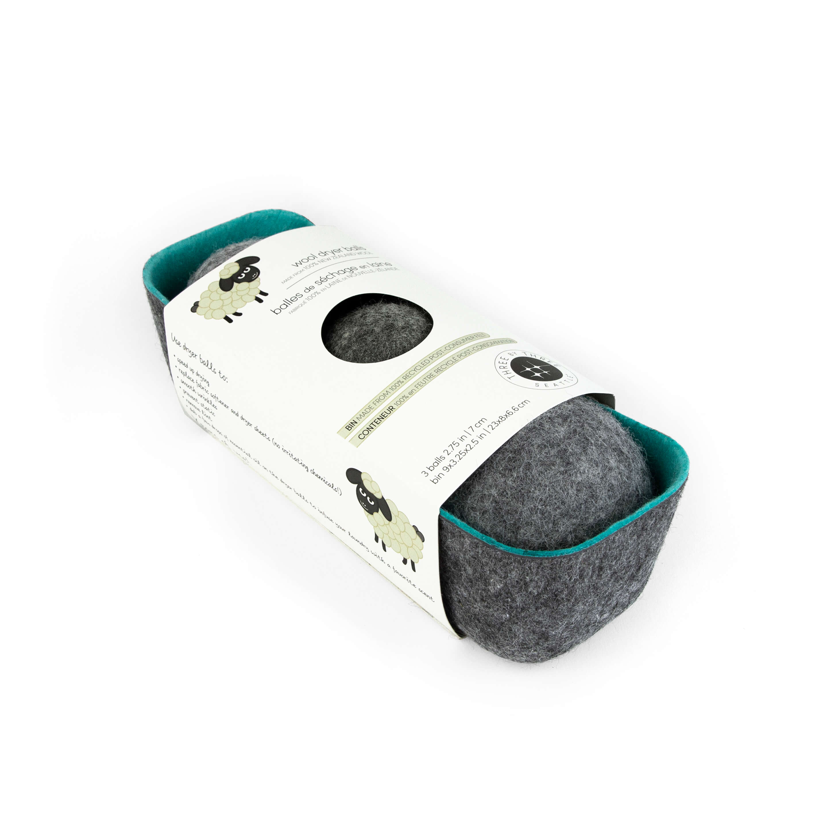 felt·like·it!™ dryer balls + storage bin s/3 GREY balls in BLUE felt bin