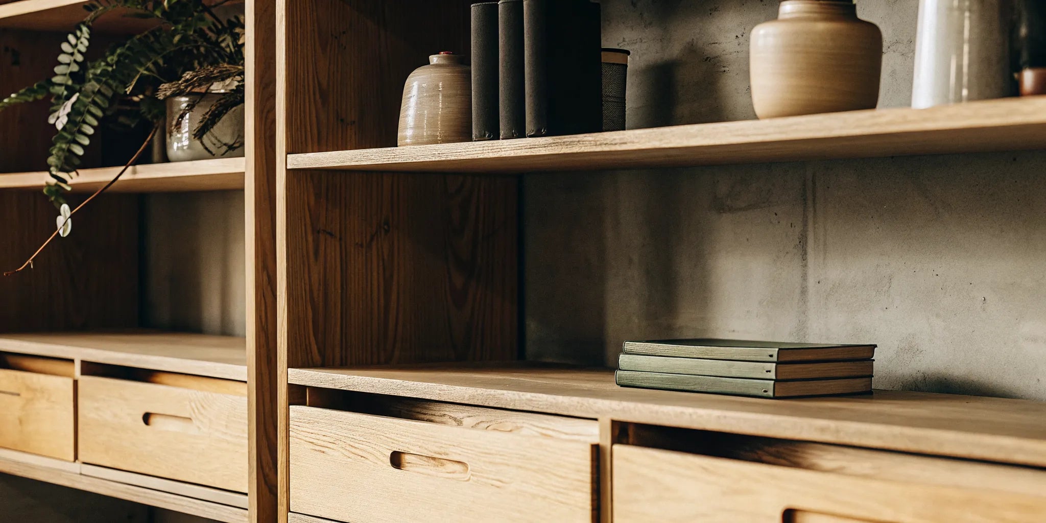 A minimalist wooden floating shelf with a drawer mounted on a wall for stylish home storage.
