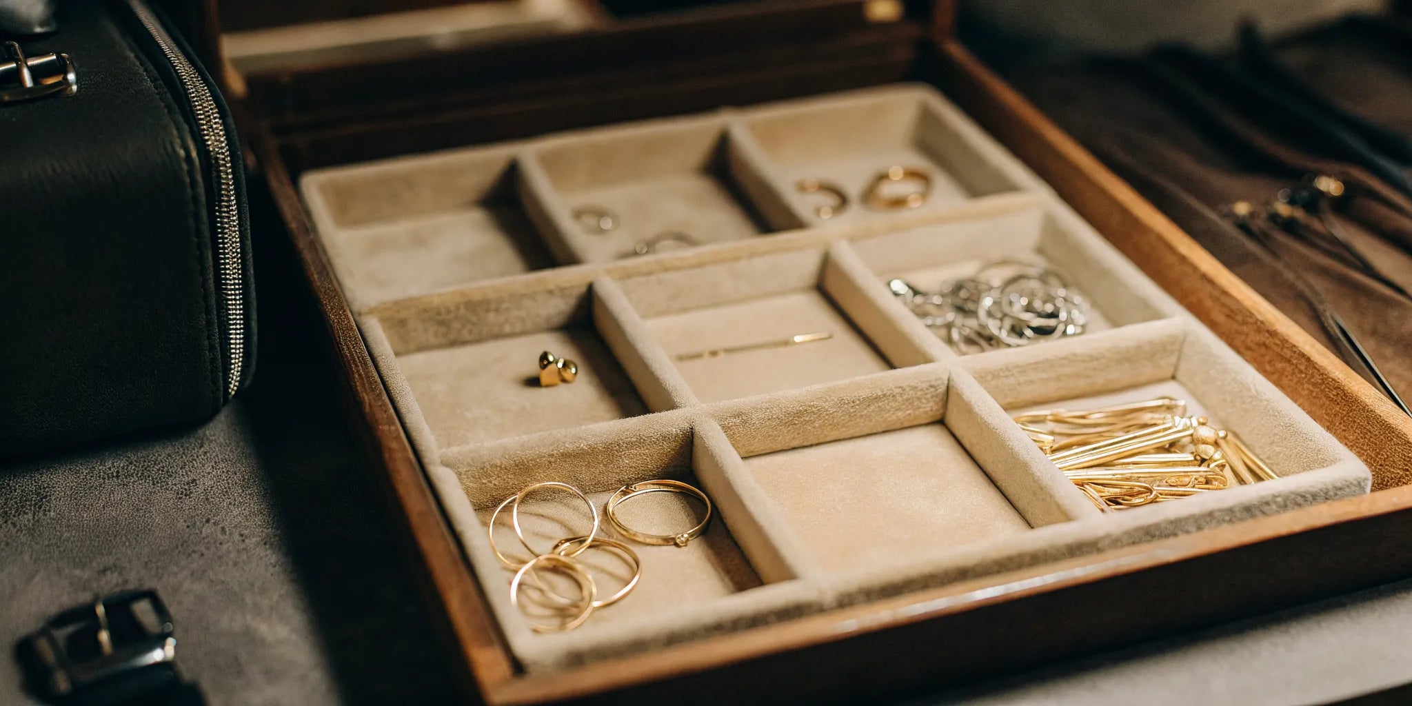 Small compartment organizer with gold and silver jewelry neatly arranged in divided sections.