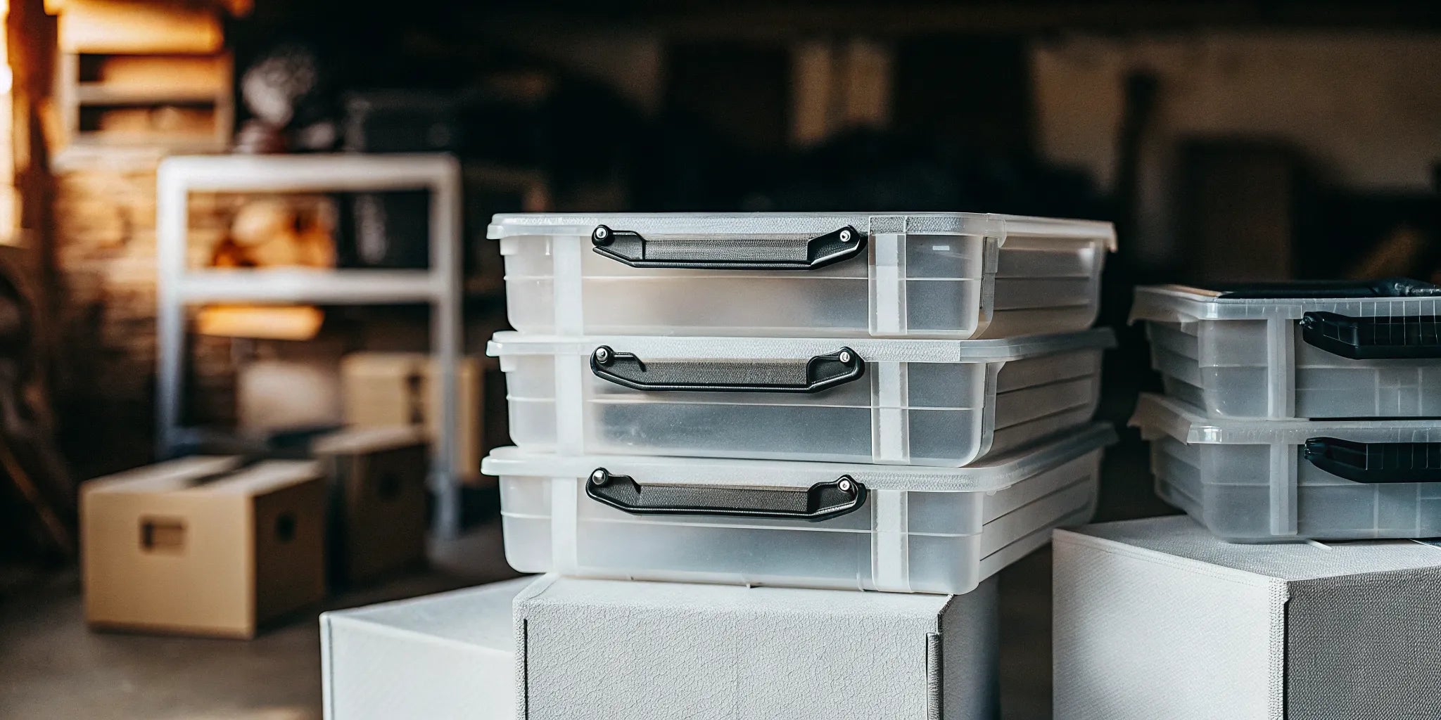Stackable storage bins with lids neatly organized in a garage or basement.