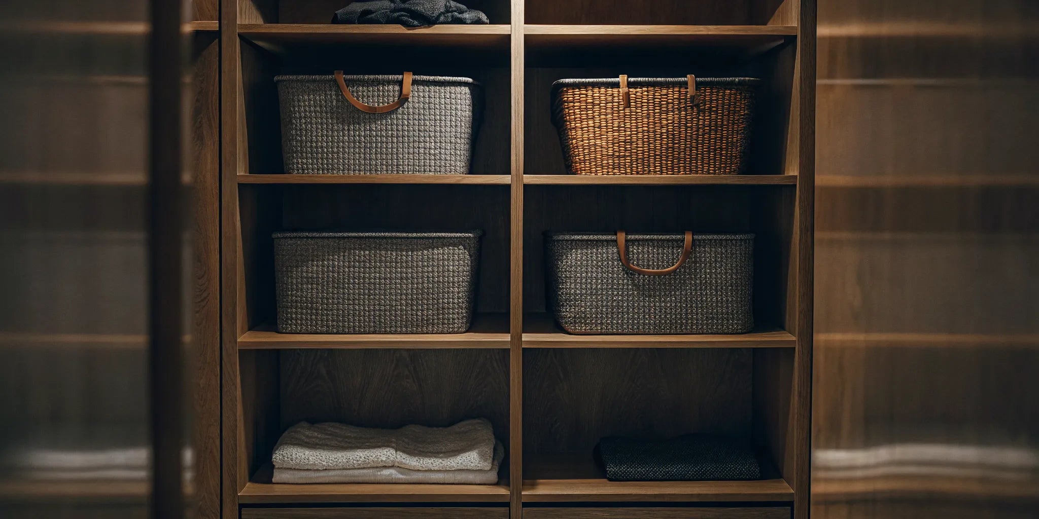 Closet organizer with woven storage bins and folded clothes on shelves for a tidy home.