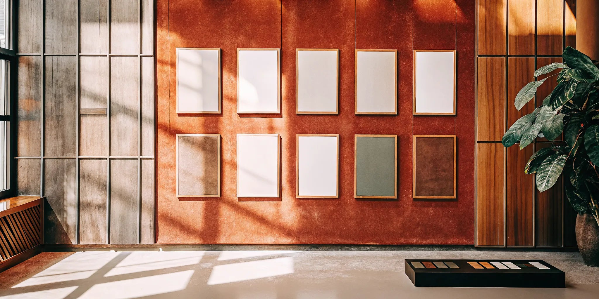 A travel magnet display board arranged on a wall with empty frames as a modern gallery.