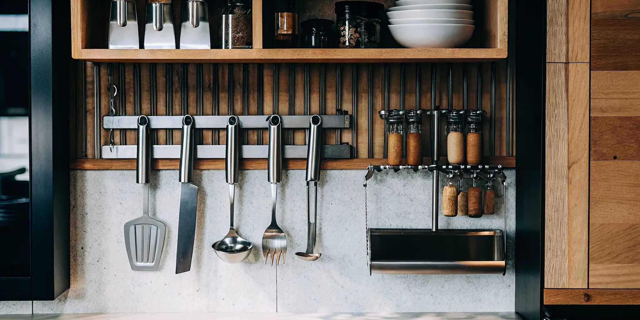 A kitchen wall organizer clears clutter with shelves for spice jars and hooks for utensils.