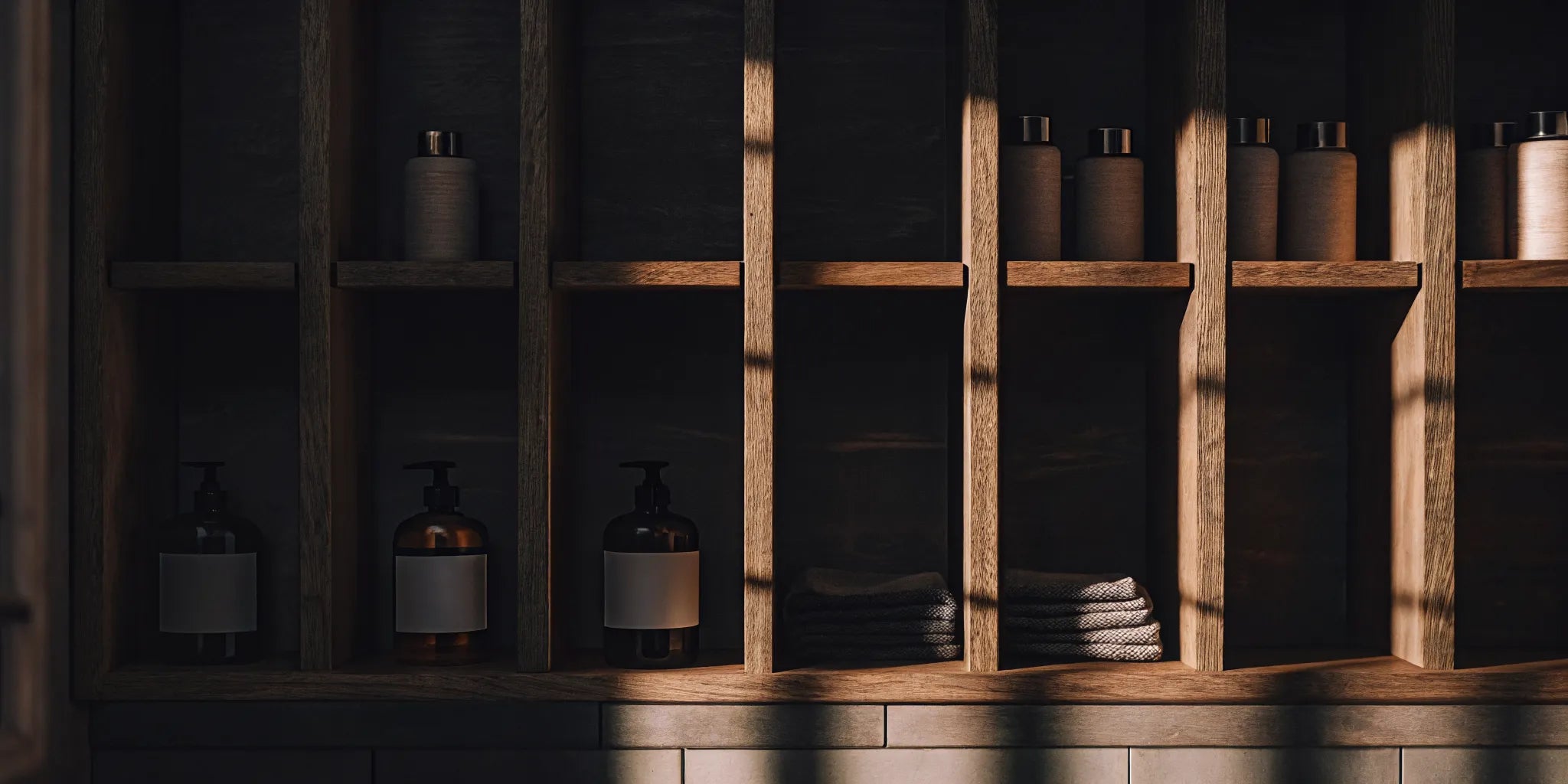 Wooden wall shelf in a bathroom displaying folded towels and toiletries.