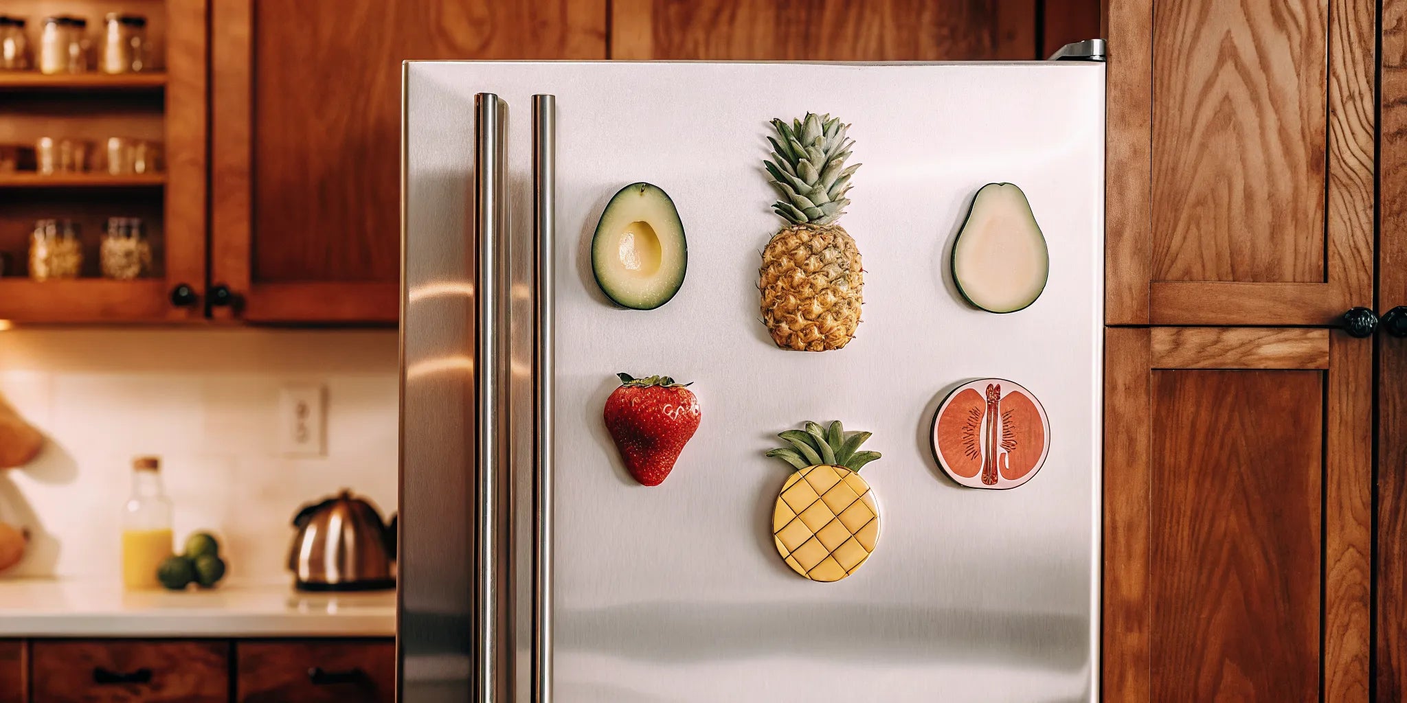 Unique pineapple, avocado, and strawberry fruit magnets on a fridge door.