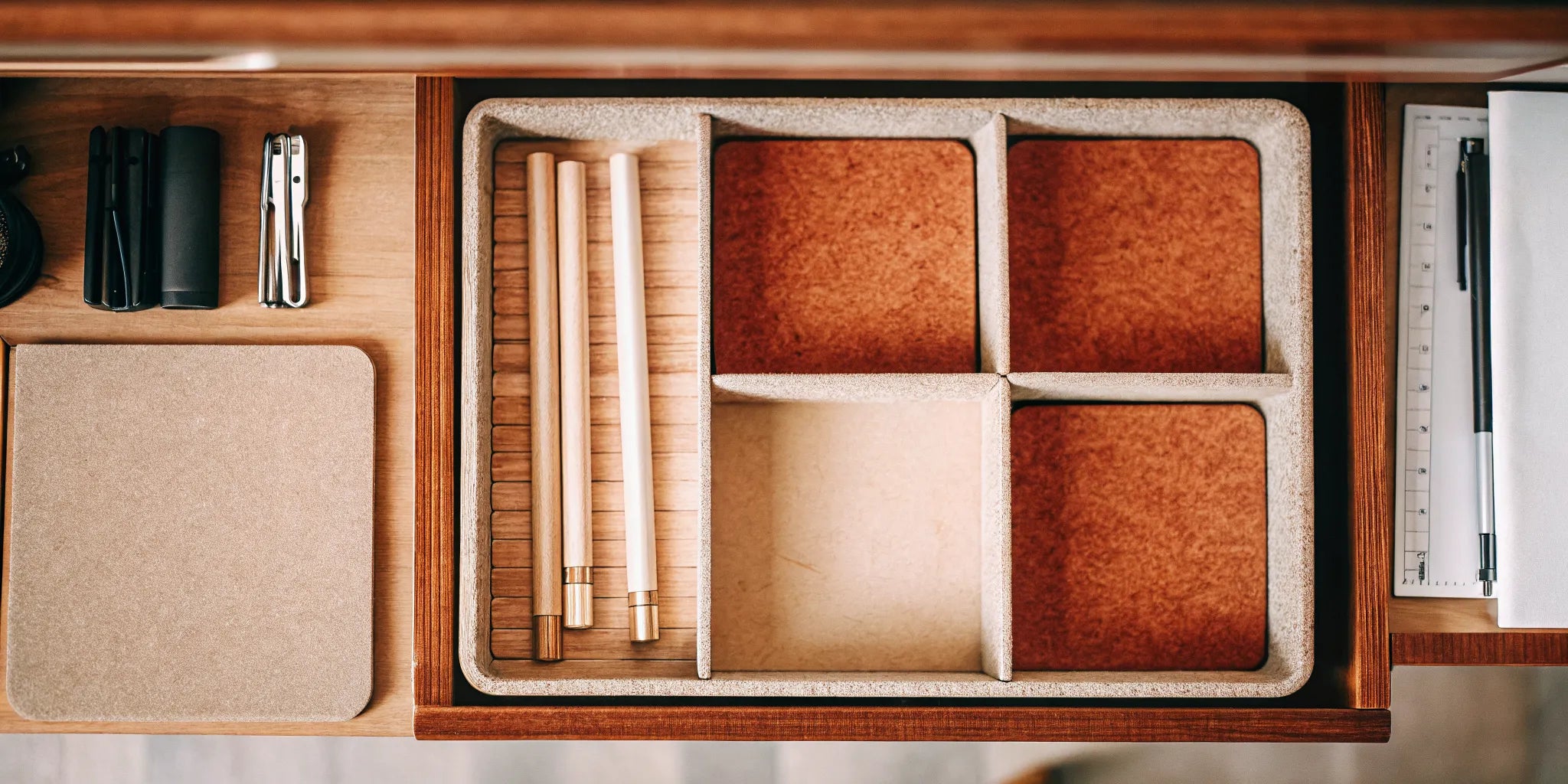 Eco-friendly drawer dividers organizing a wooden drawer.