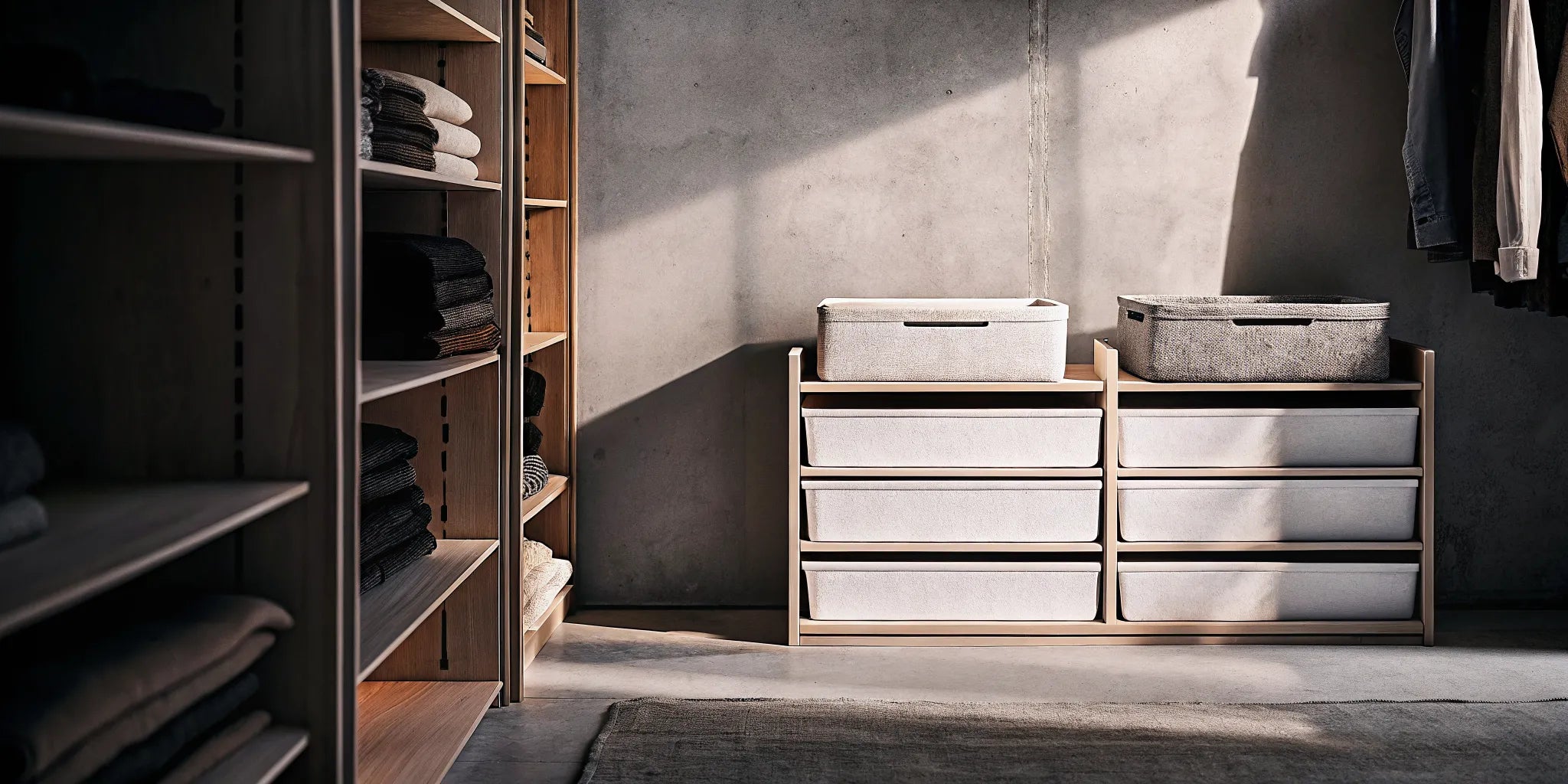 Storage bins with lids for clothes neatly organized on shelves in a closet.