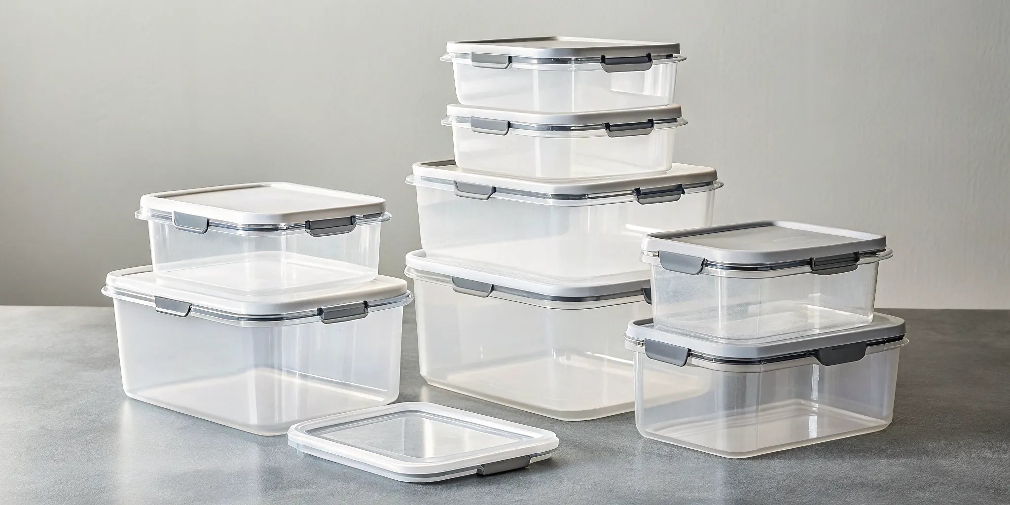 An organized stack of various clear storage containers with lids.