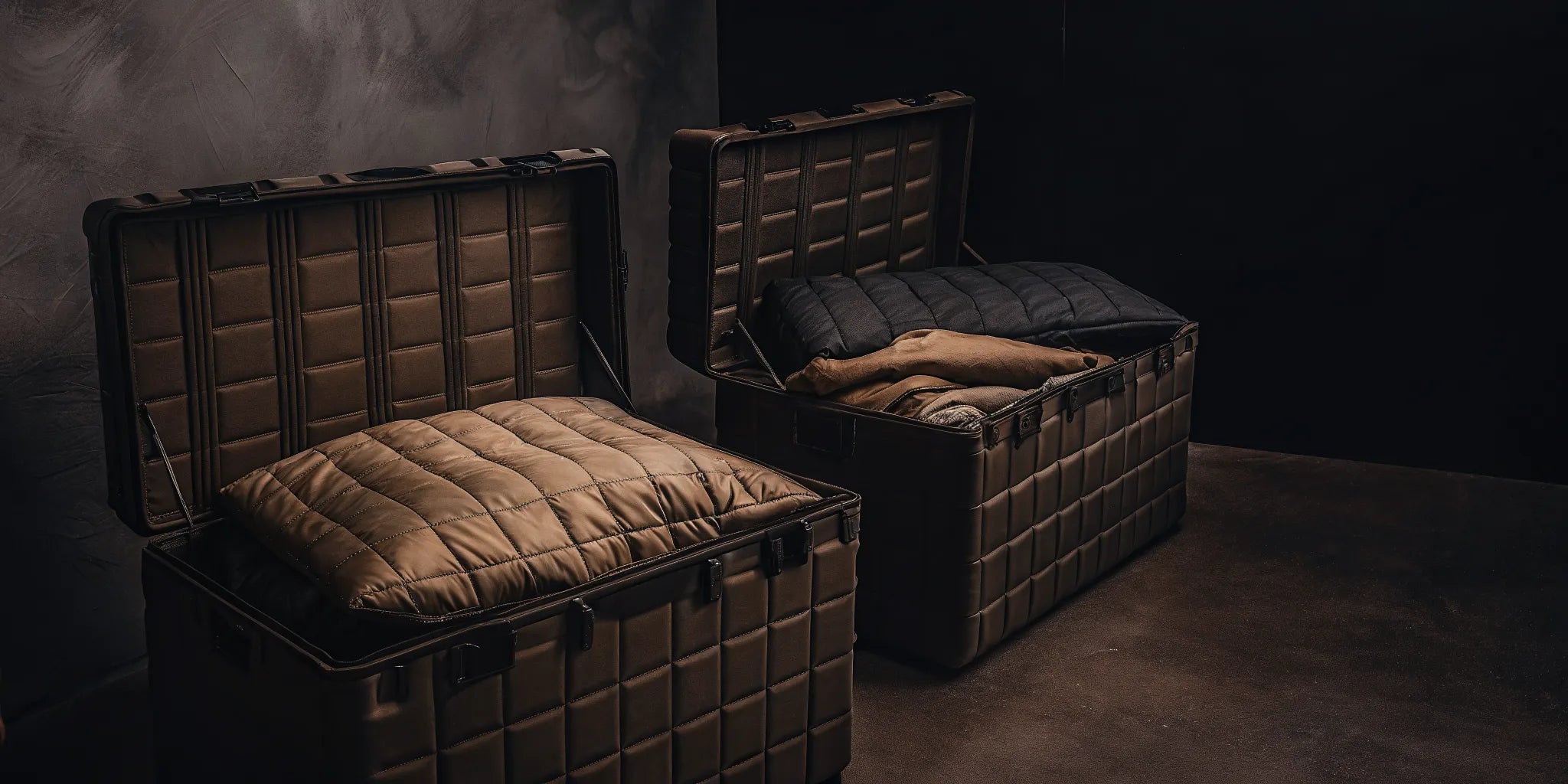 Extra large storage bins with lids neatly organizing folded blankets.