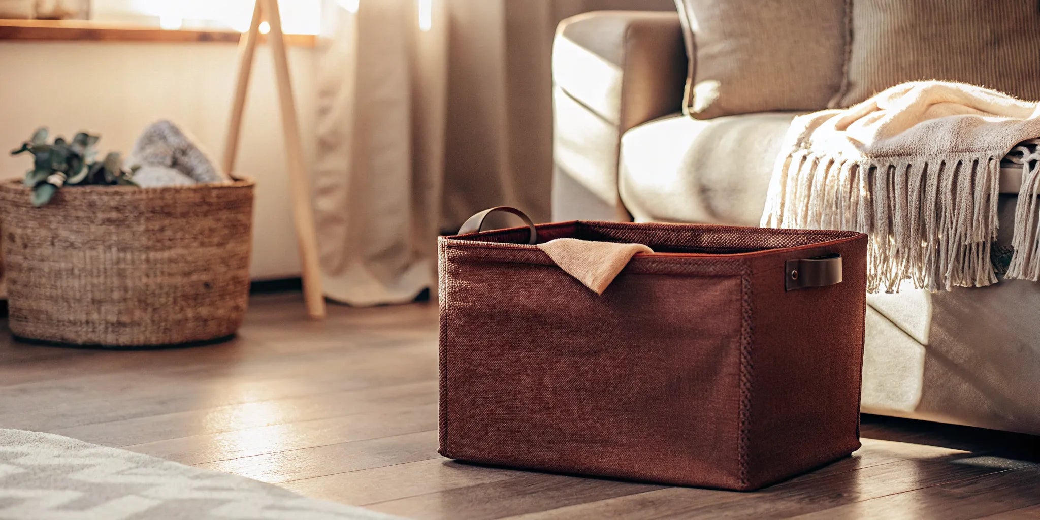 Large fabric storage bin with handles in a living room next to a sofa.