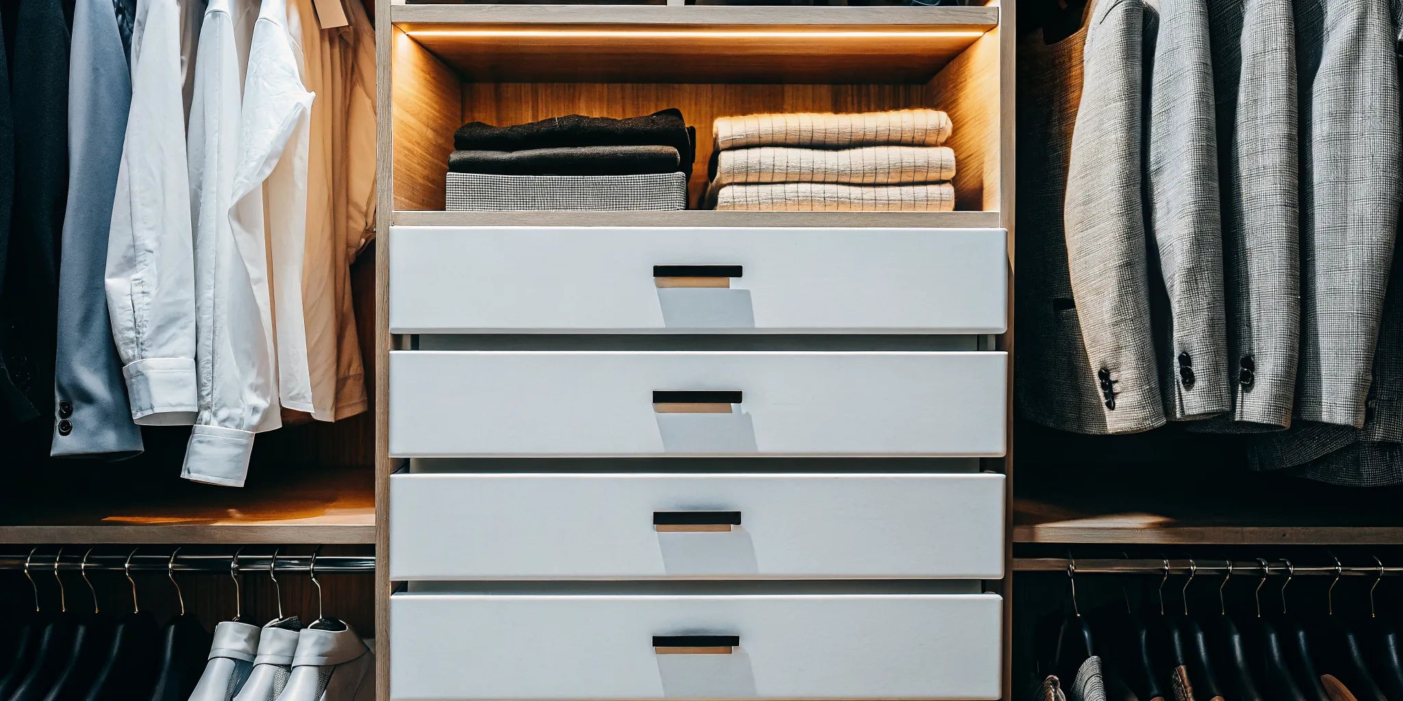 Small closet organizer with hanging clothes, drawers, and neatly stacked shelves.