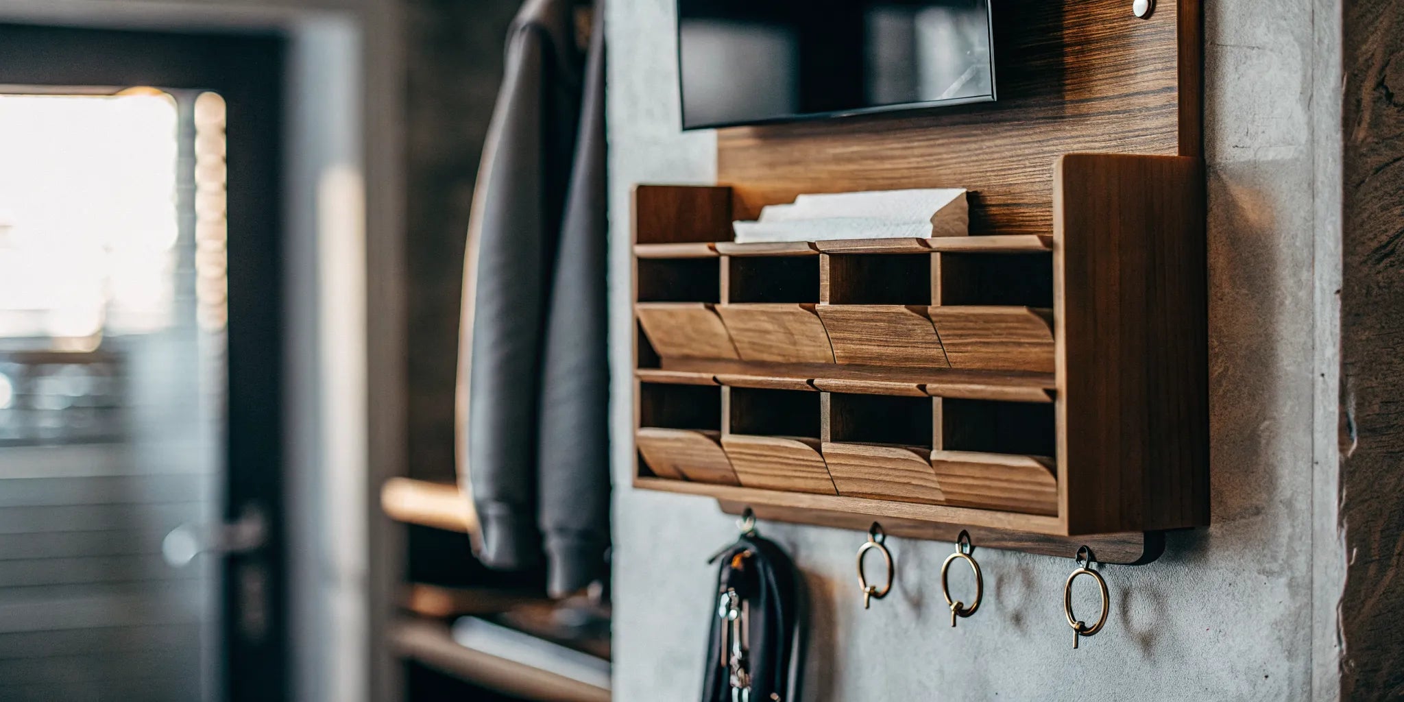 Wall-mounted wooden mail organizer with storage slots and key hooks.