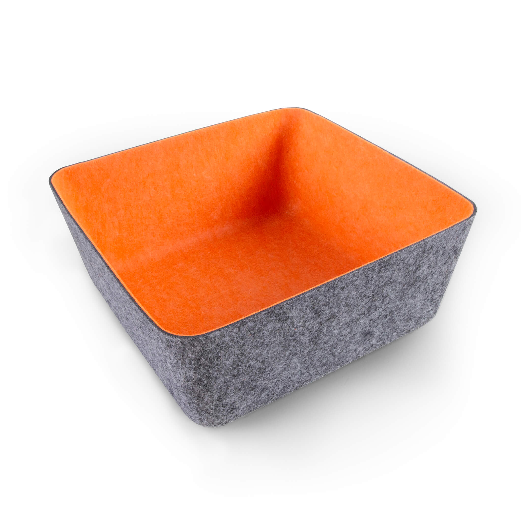 Square recycled felt organizing sorting bin storage container with orange interior and gray exterior on a white background