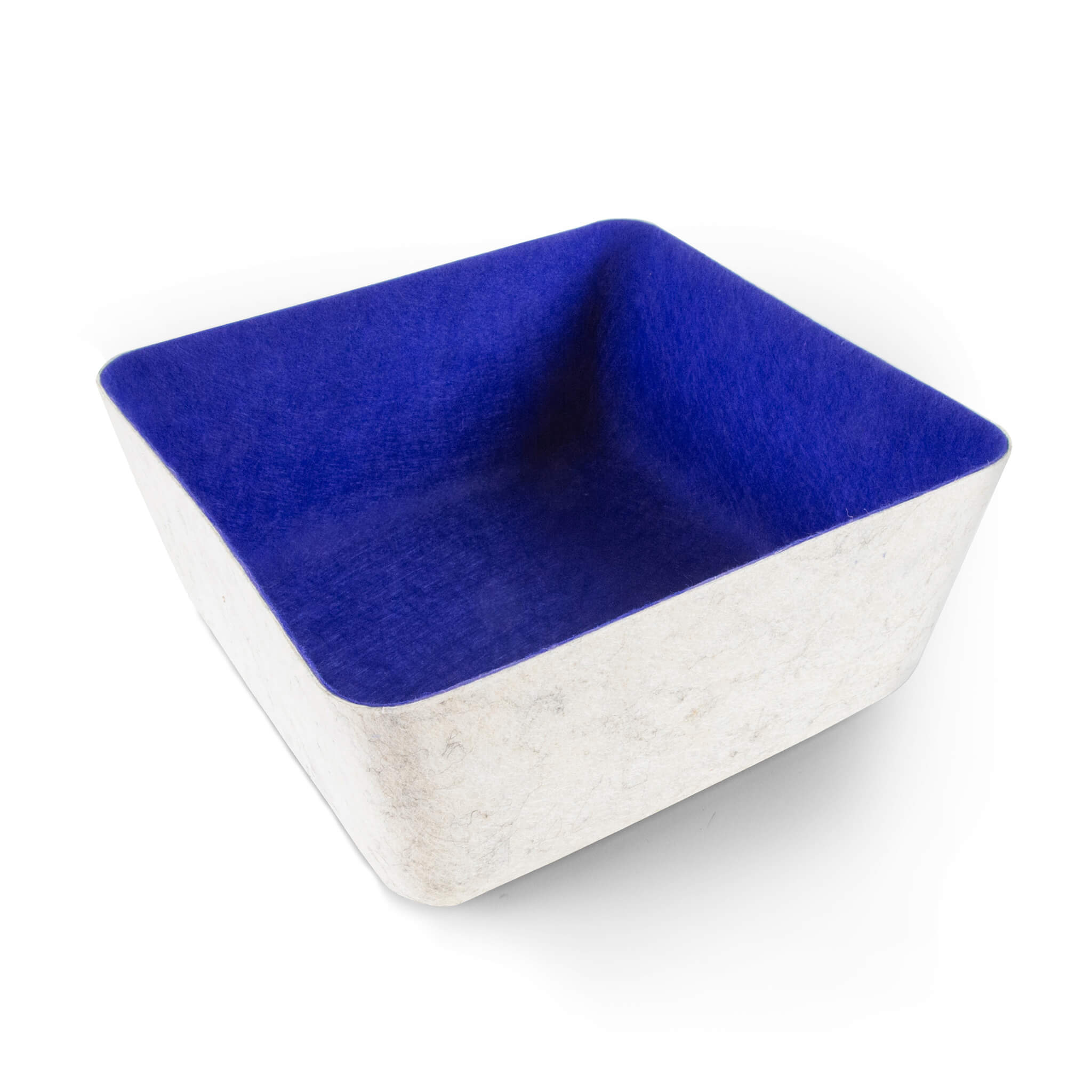 Square recycled felt organizing sorting storage bin with navy interior and cream exterior on a white background