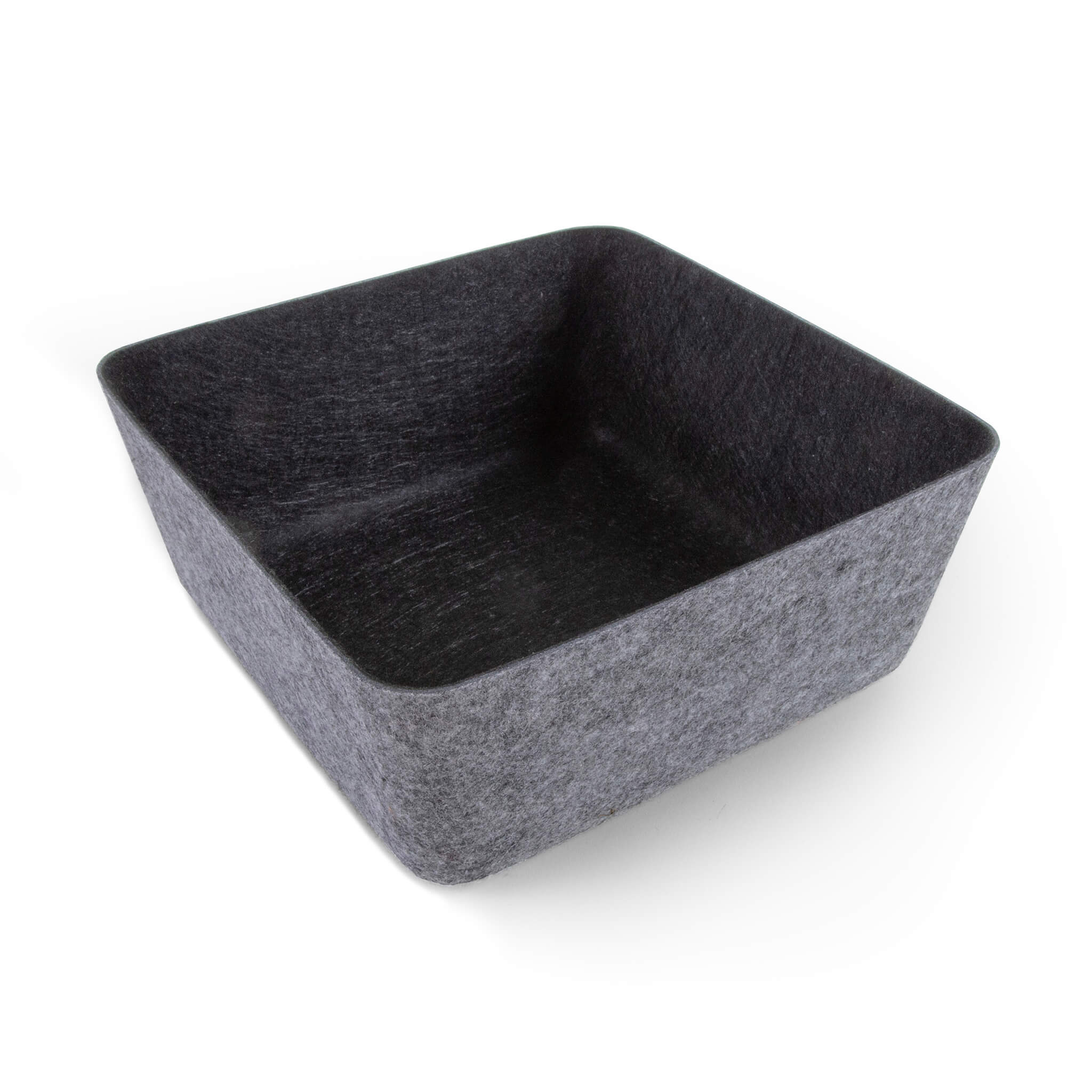 Square charcoal greyrecycled felt organizing sorting storage bin on a white background