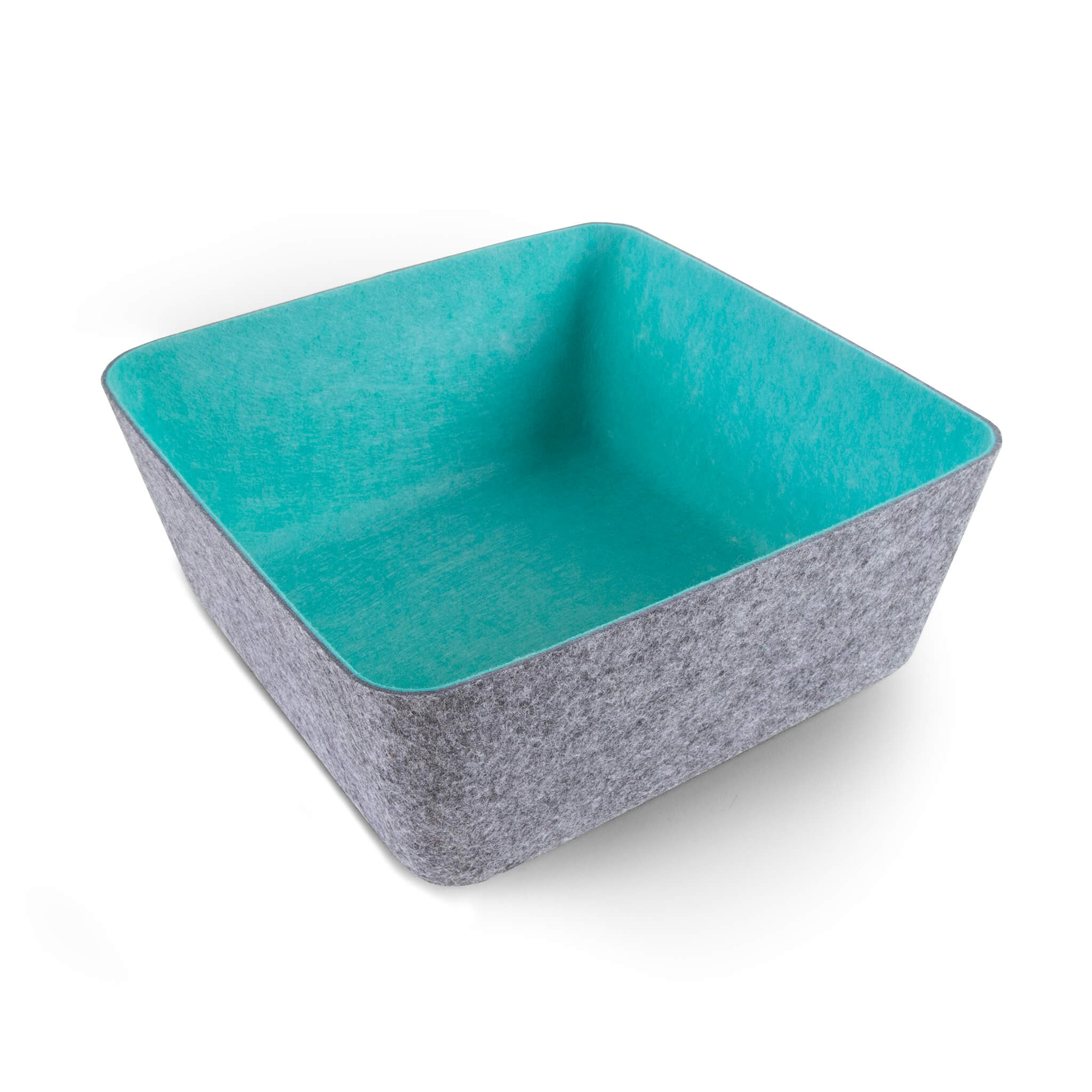 Square recycled felt organizing sorting storage bin  with blue interior and gray exterior on a white background