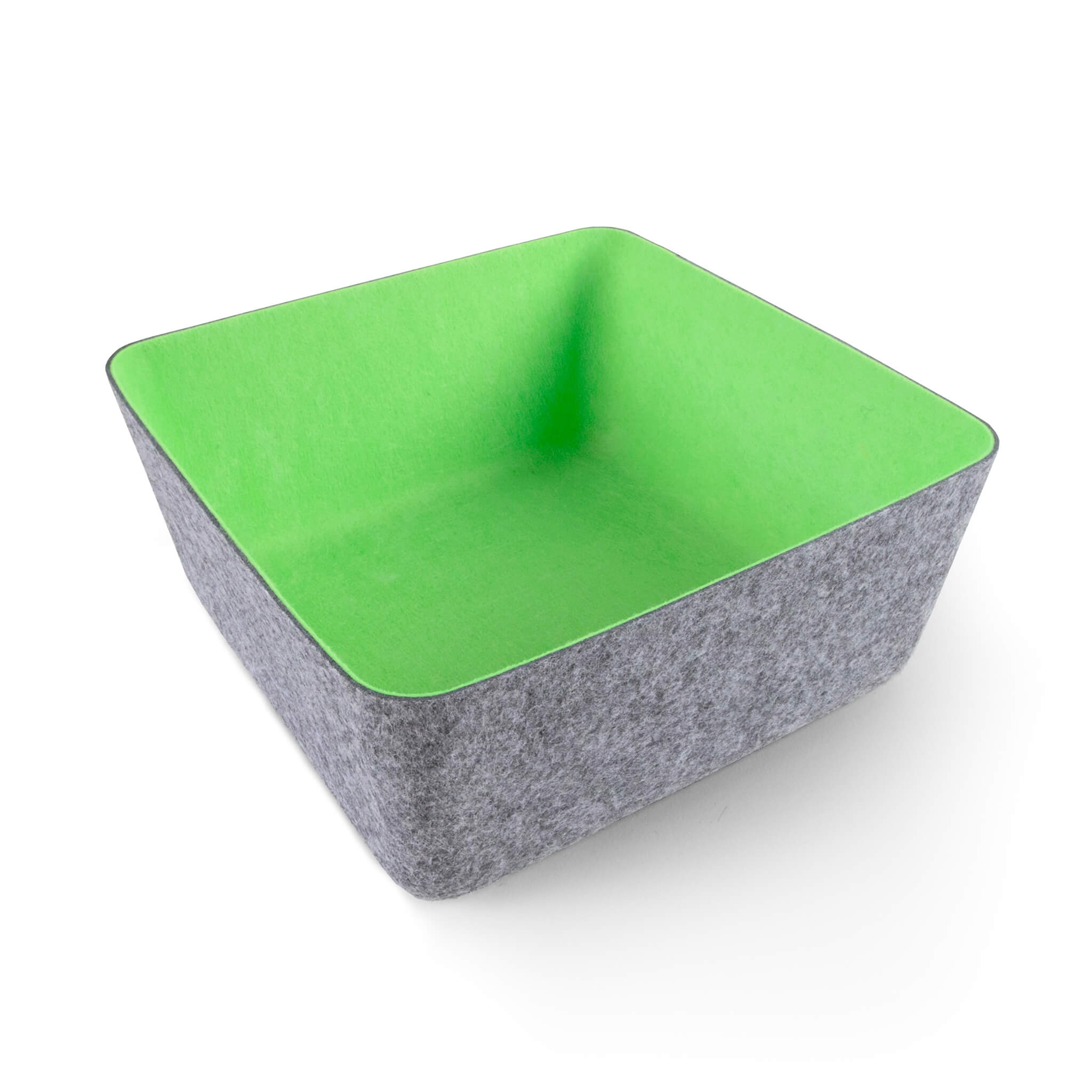 Square recycled felt organizing sorting storage bin with green interior and gray exterior on a white background