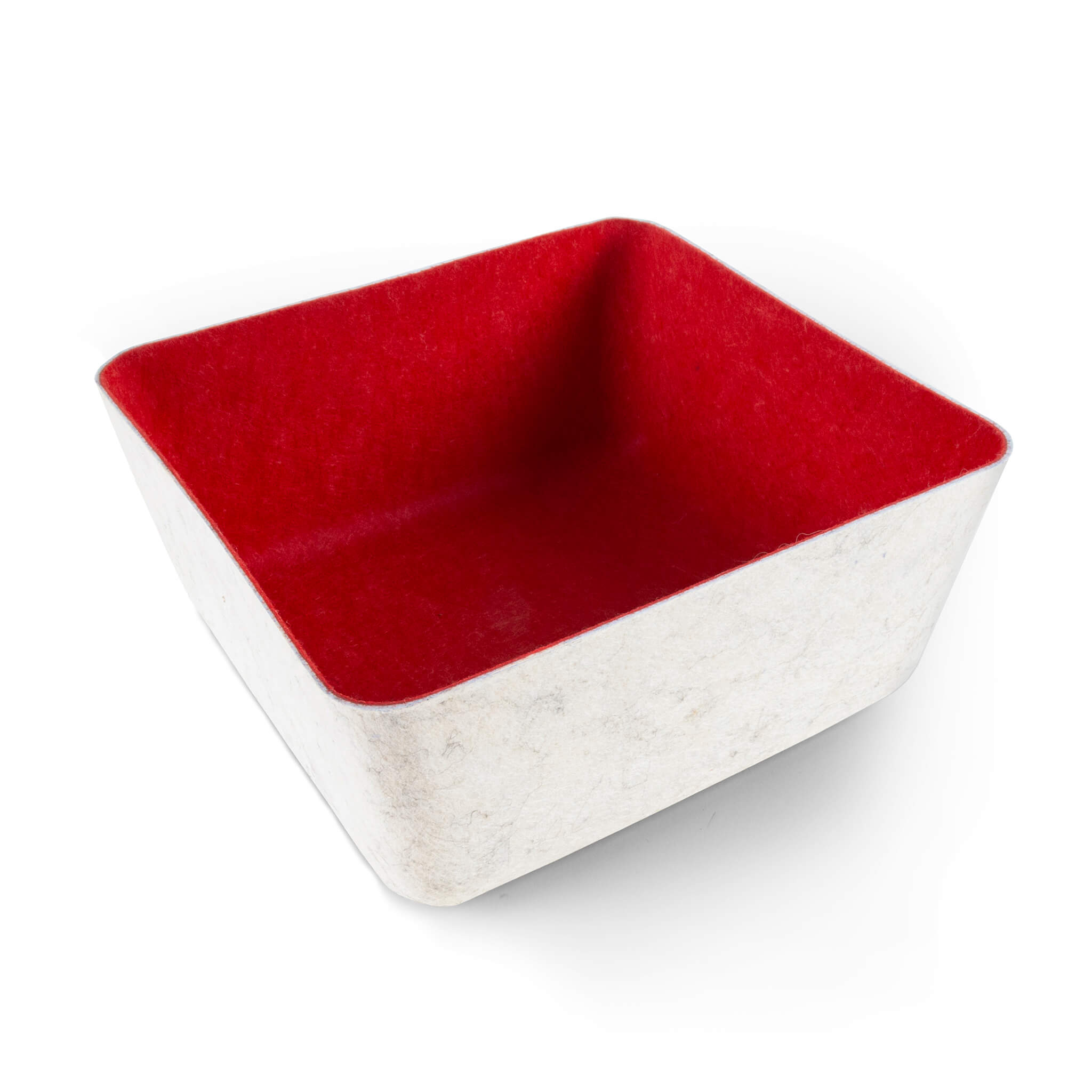 Square recycled felt organizing sorting storage bin with red interior and cream exterior on a white background