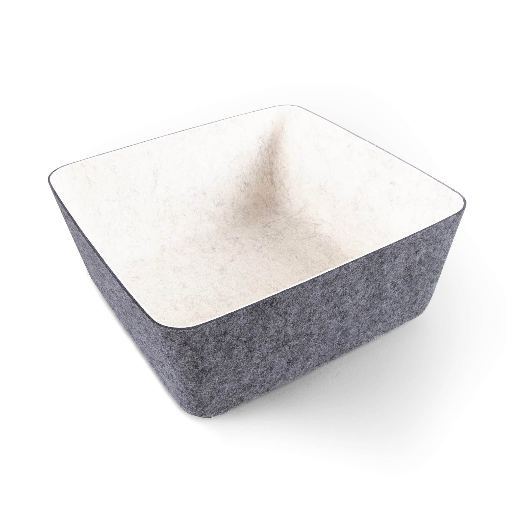Square recycled felt organizing sorting storage bin  with gray exterior and cream interior on a white background