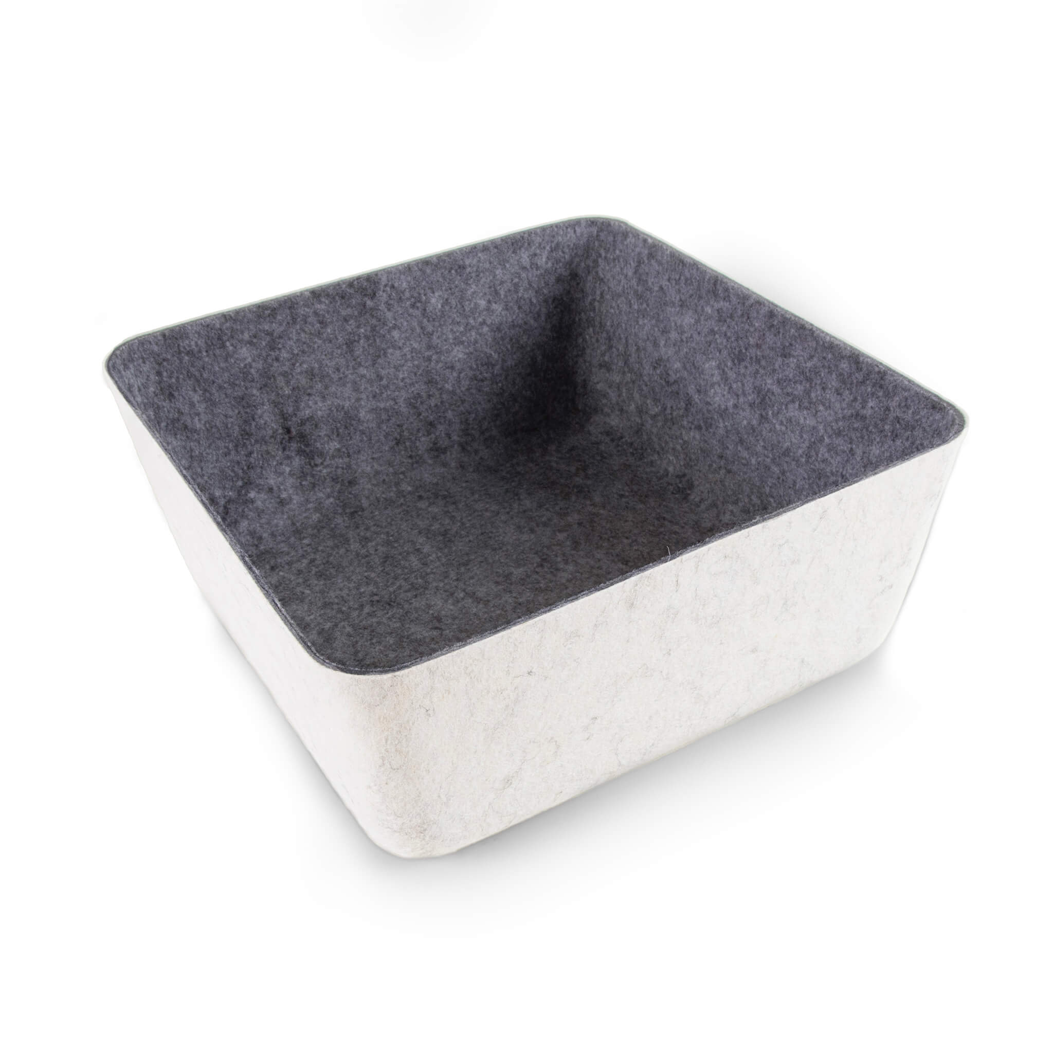 Square recycled felt organizing sorting storage bin with charcoal interior and cream exterior on a white background