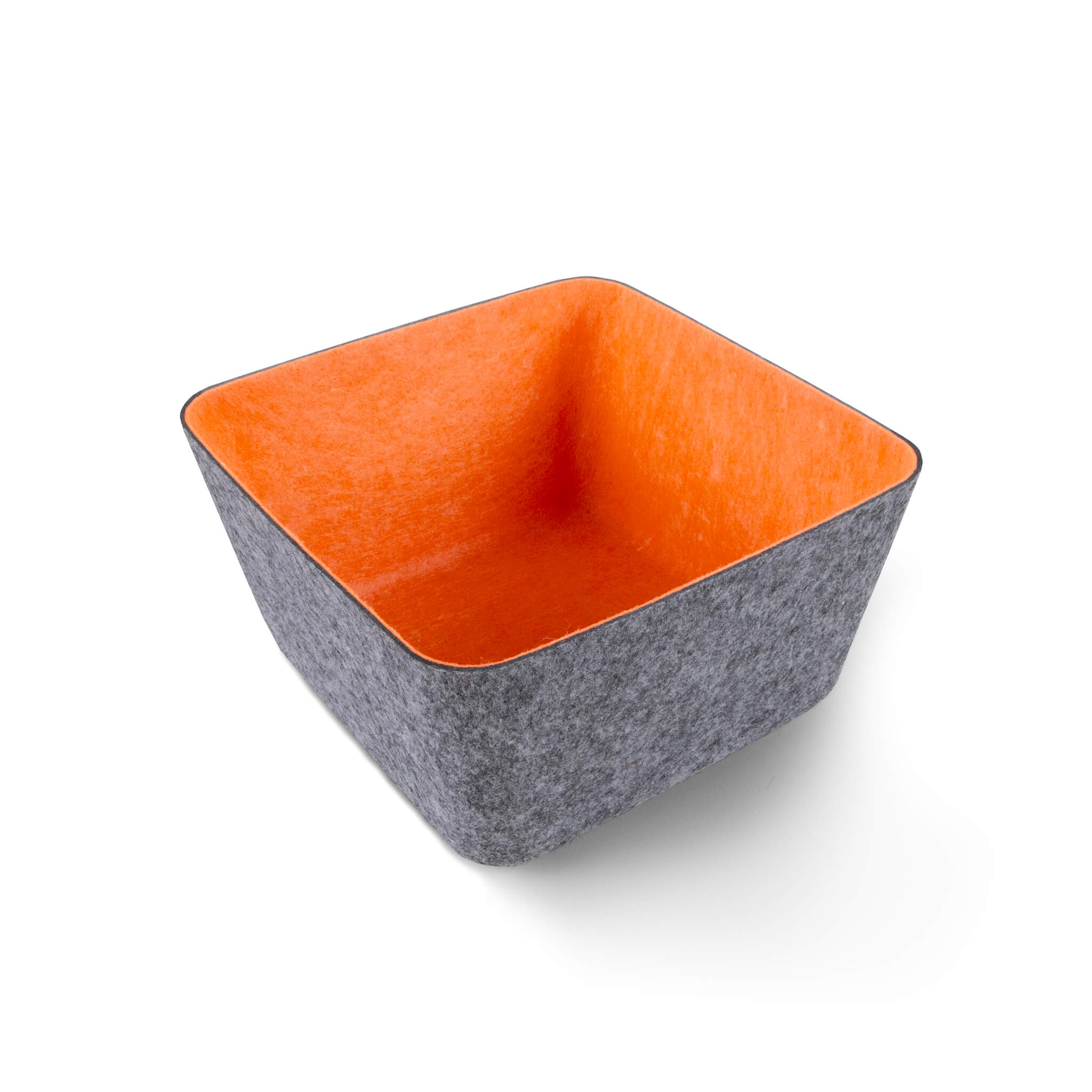 Square recycled felt organizing sorting storage bin with orange interior and gray exterior on a white background