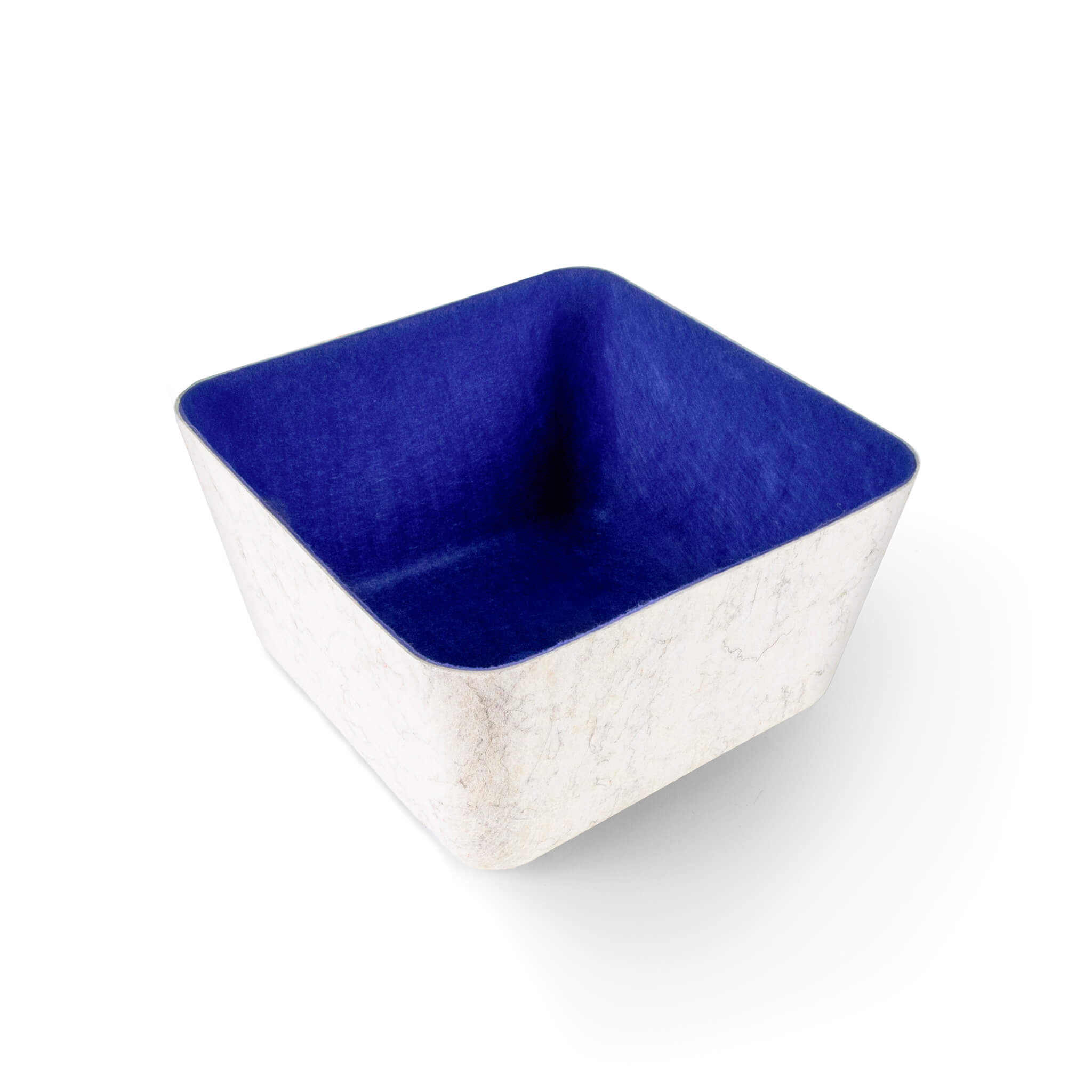 Square recycled felt organizing sorting storage bin with navy interior and cream exterior on a white background