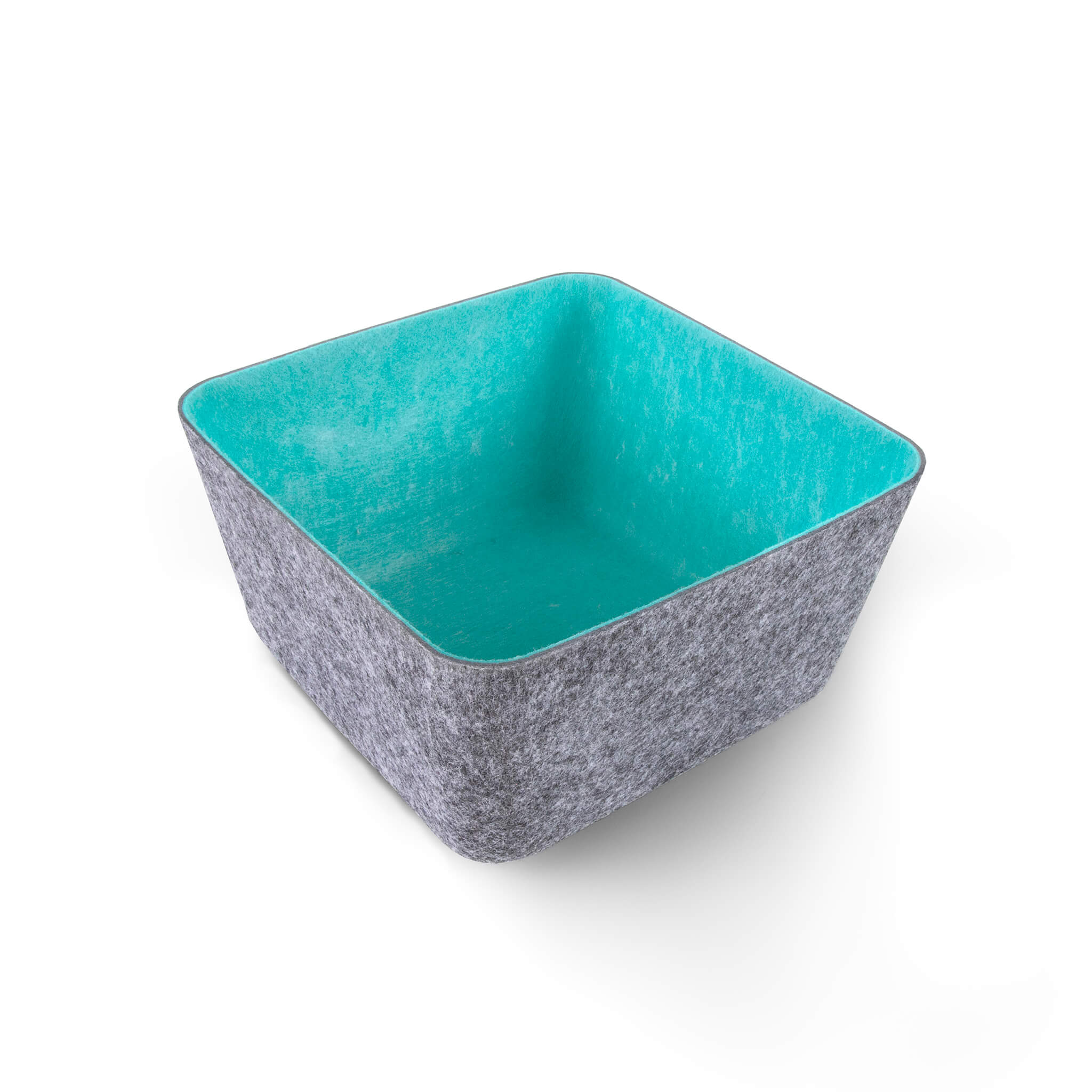 Square recycled felt organizing sorting storage bin with blue interior and gray exterior on a white background