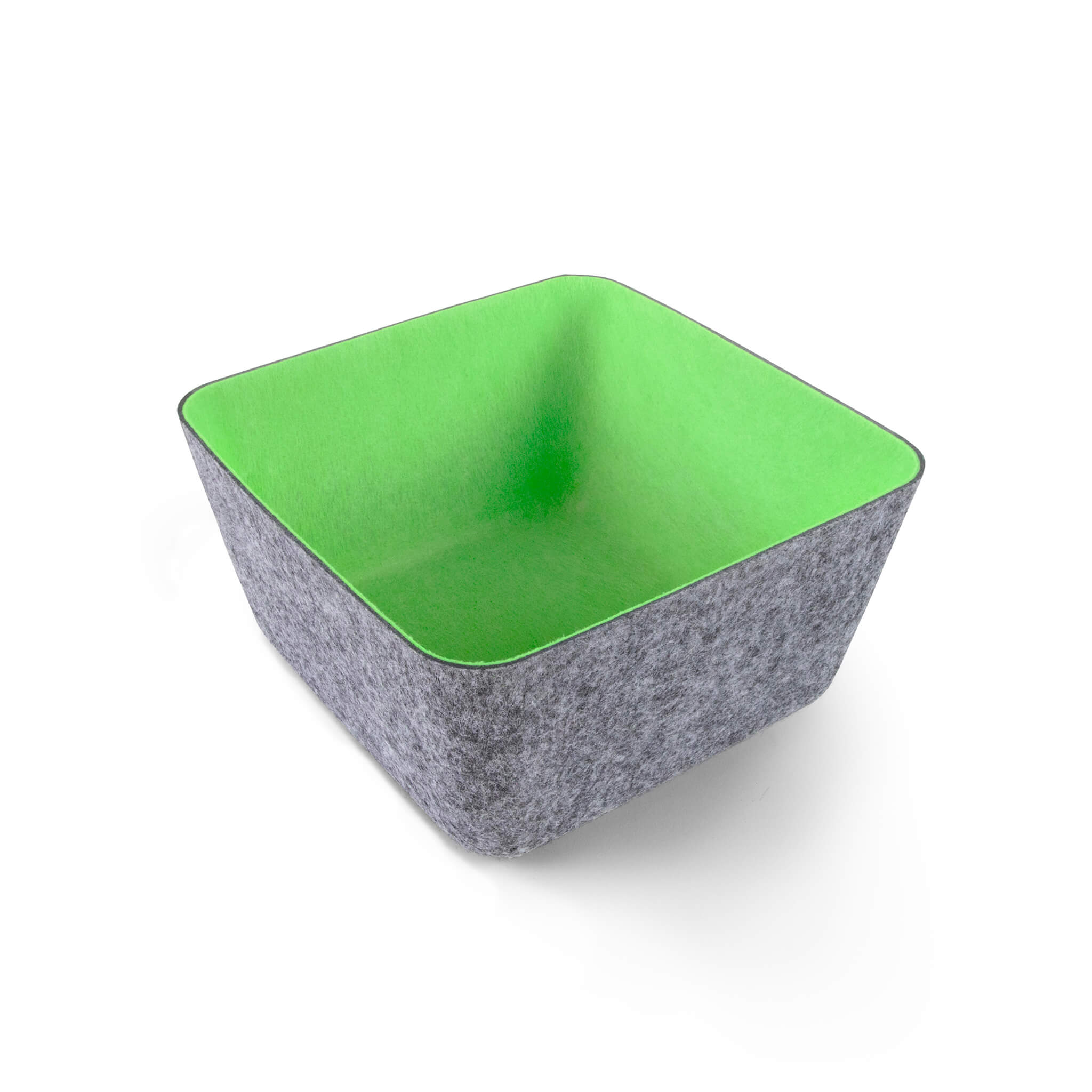 Square recycled felt organizing sorting storage bin with green interior and gray exterior on a white background