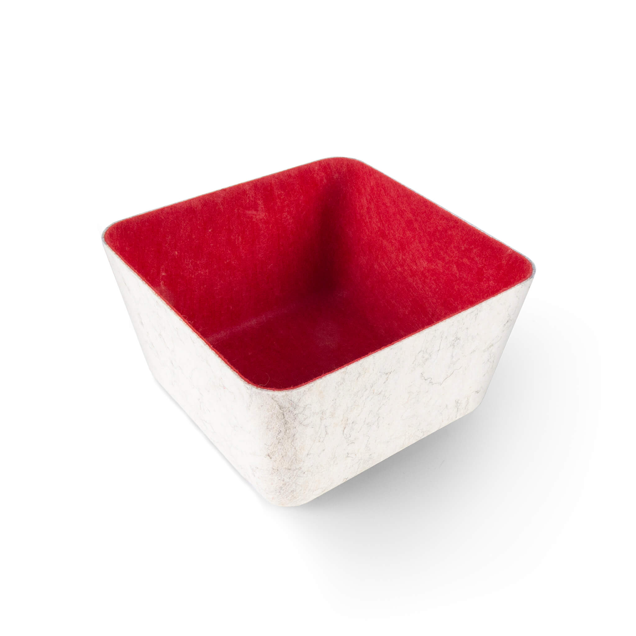 Square recycled felt organizing sorting storage bin with red interior and cream exterior on a white background