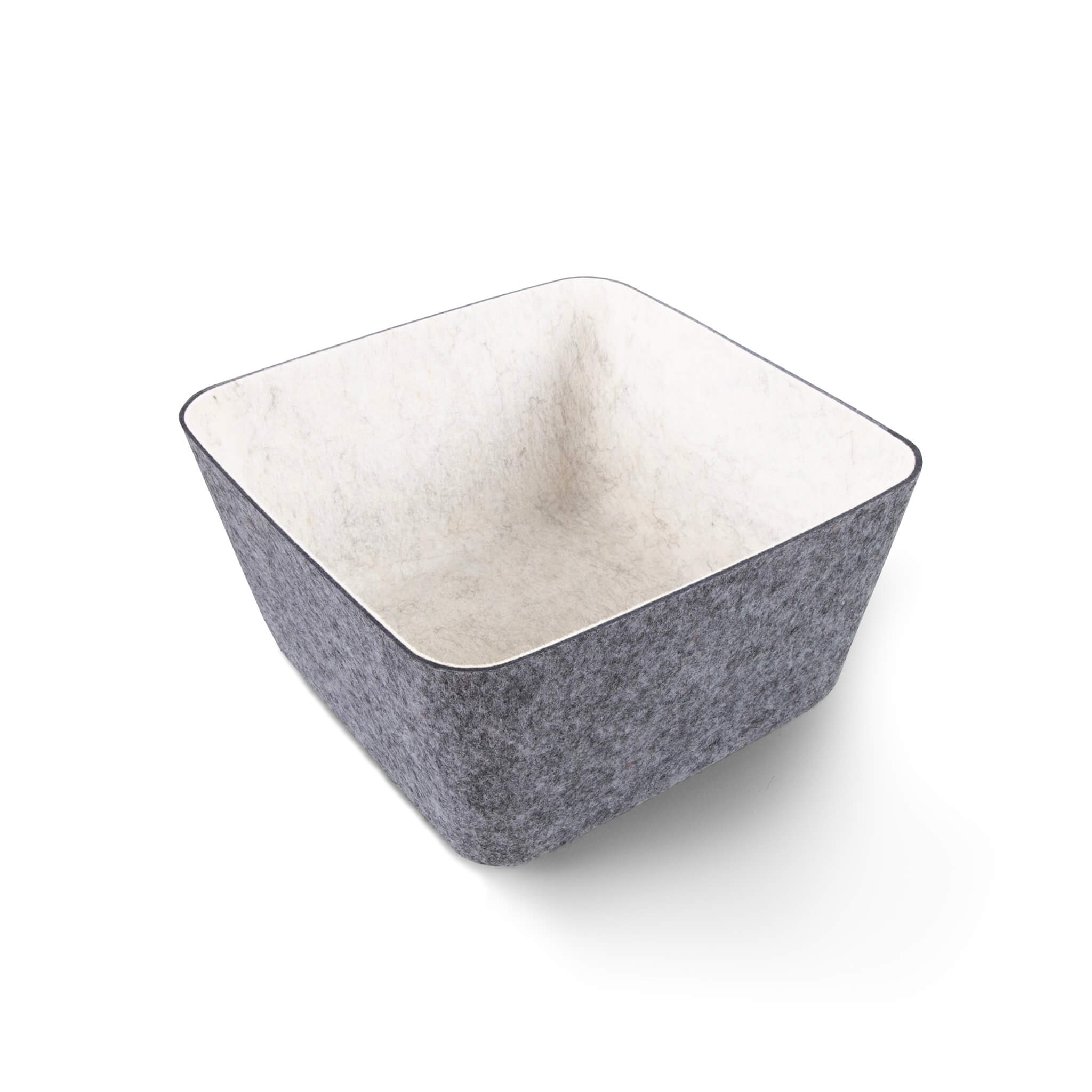 Square recycled felt organizing sorting storage bin  with gray exterior and cream interior on a white background