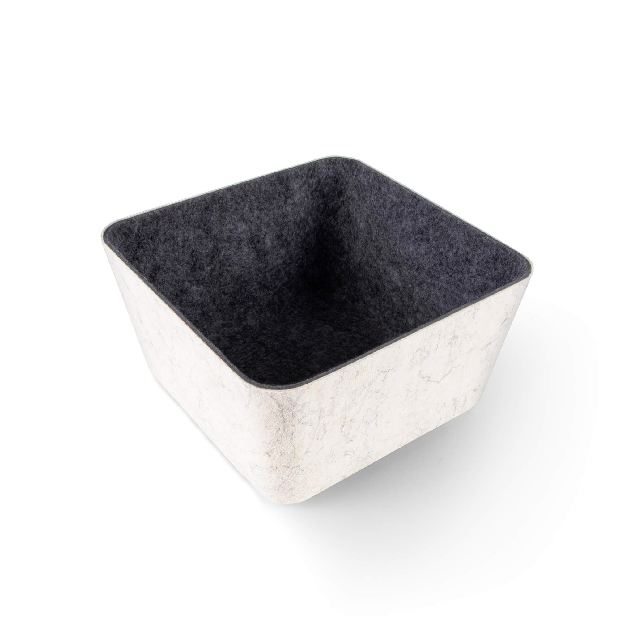 Square recycled felt organizing sorting storage bin with charcoal interior and cream exterior on a white background