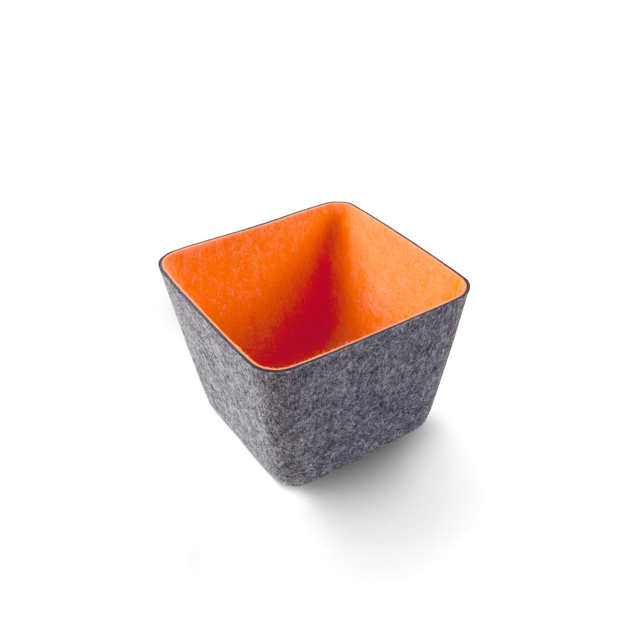 Square recycled felt organizing sorting storage bin with orange interior and gray exterior on a white background