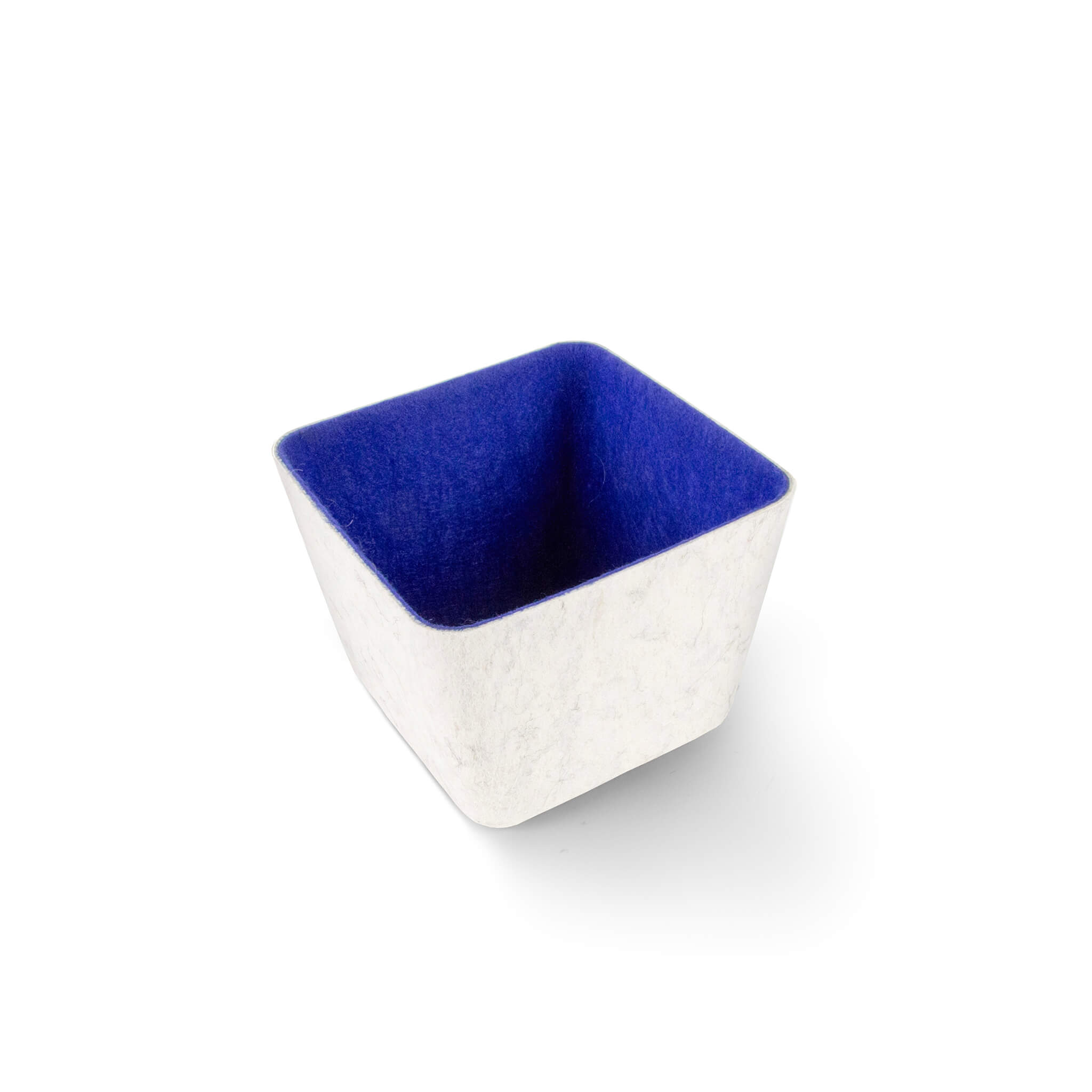 Square recycled felt organizing sorting storage bin with navy interior and cream exterior on a white background