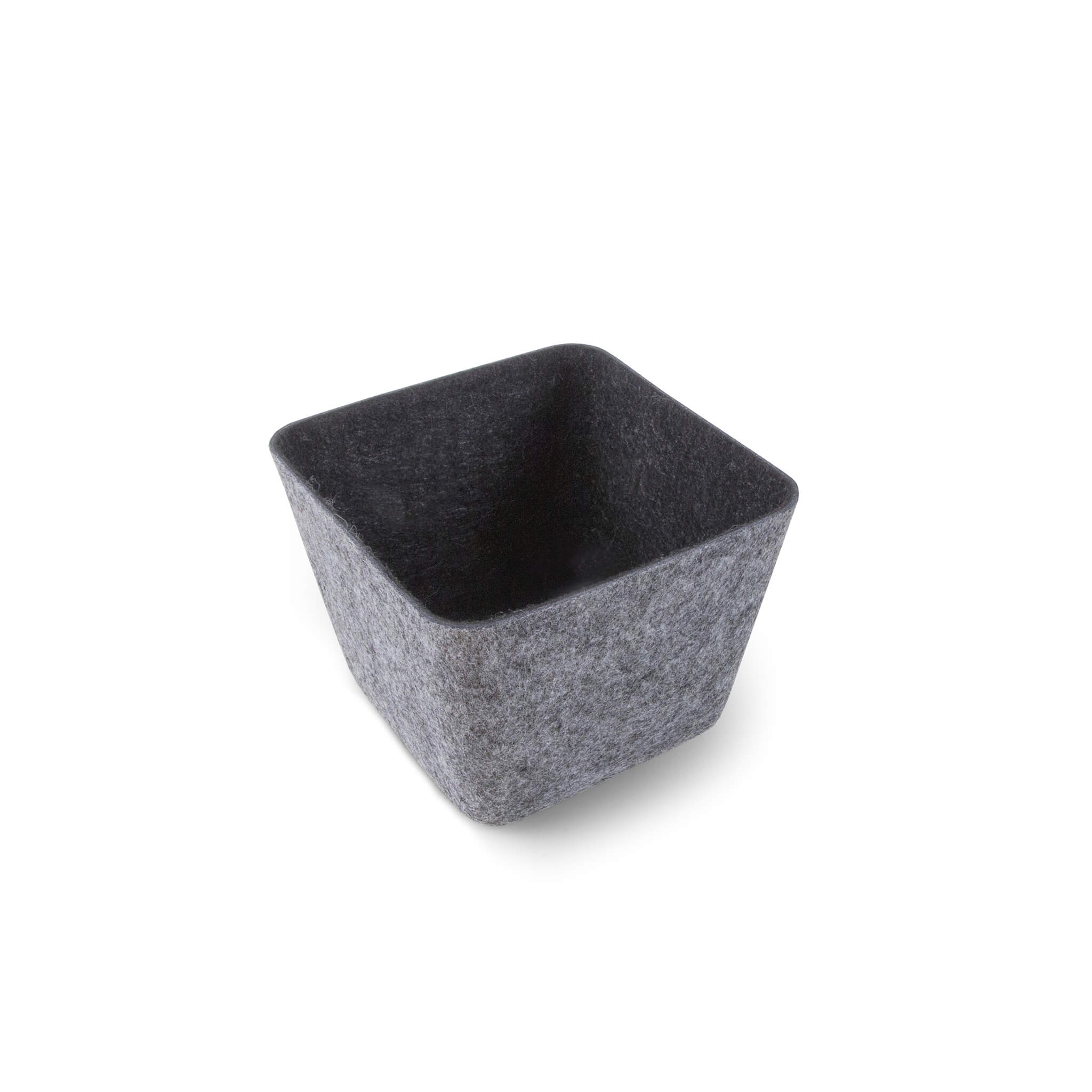 Square recycled felt organizing sorting storage bin with charcoal interior and grey exterior  on a white background