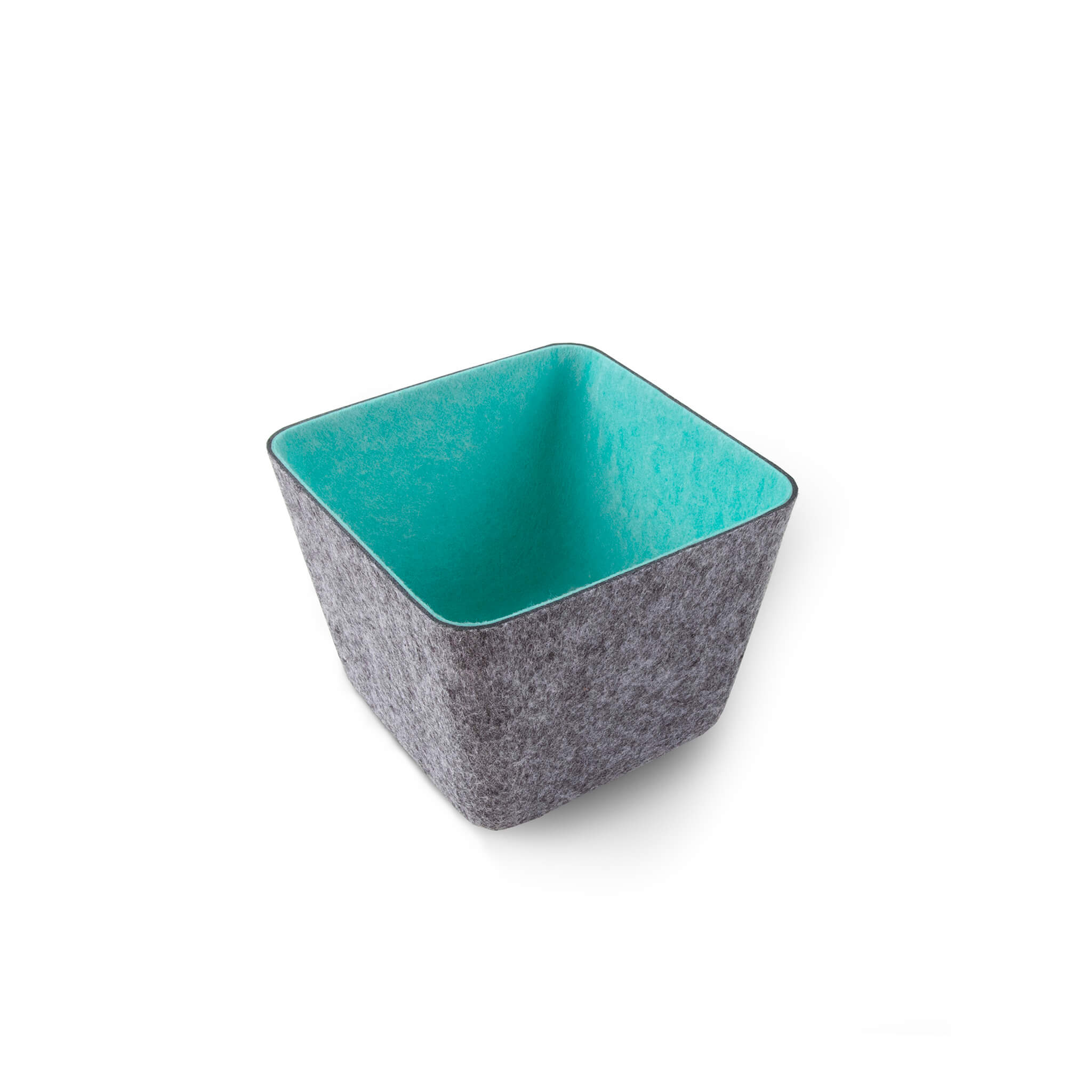 Square recycled felt organizing sorting storage bin with blue interior and grey exterior on a white background