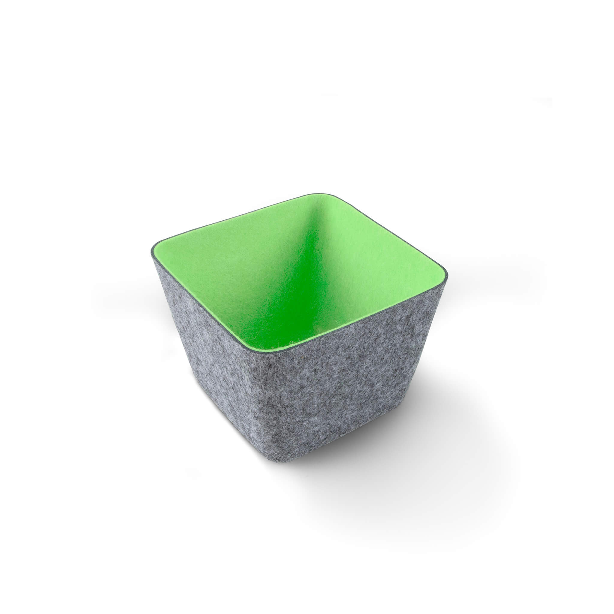 Square recycled felt organizing sorting storage bin with green interior and grey exterior on a white background
