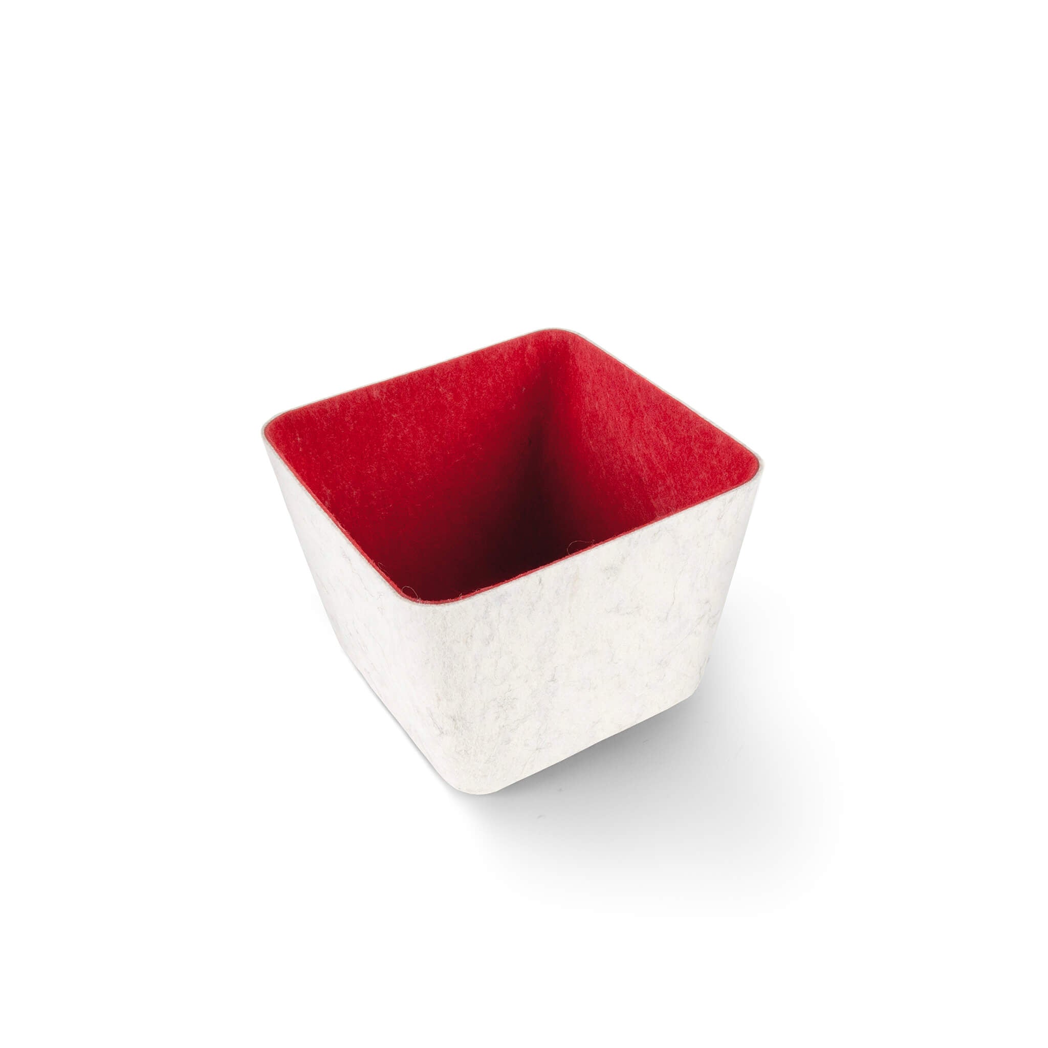 Square recycled felt organizing sorting storage bin with red interior and cream exterior on a white background