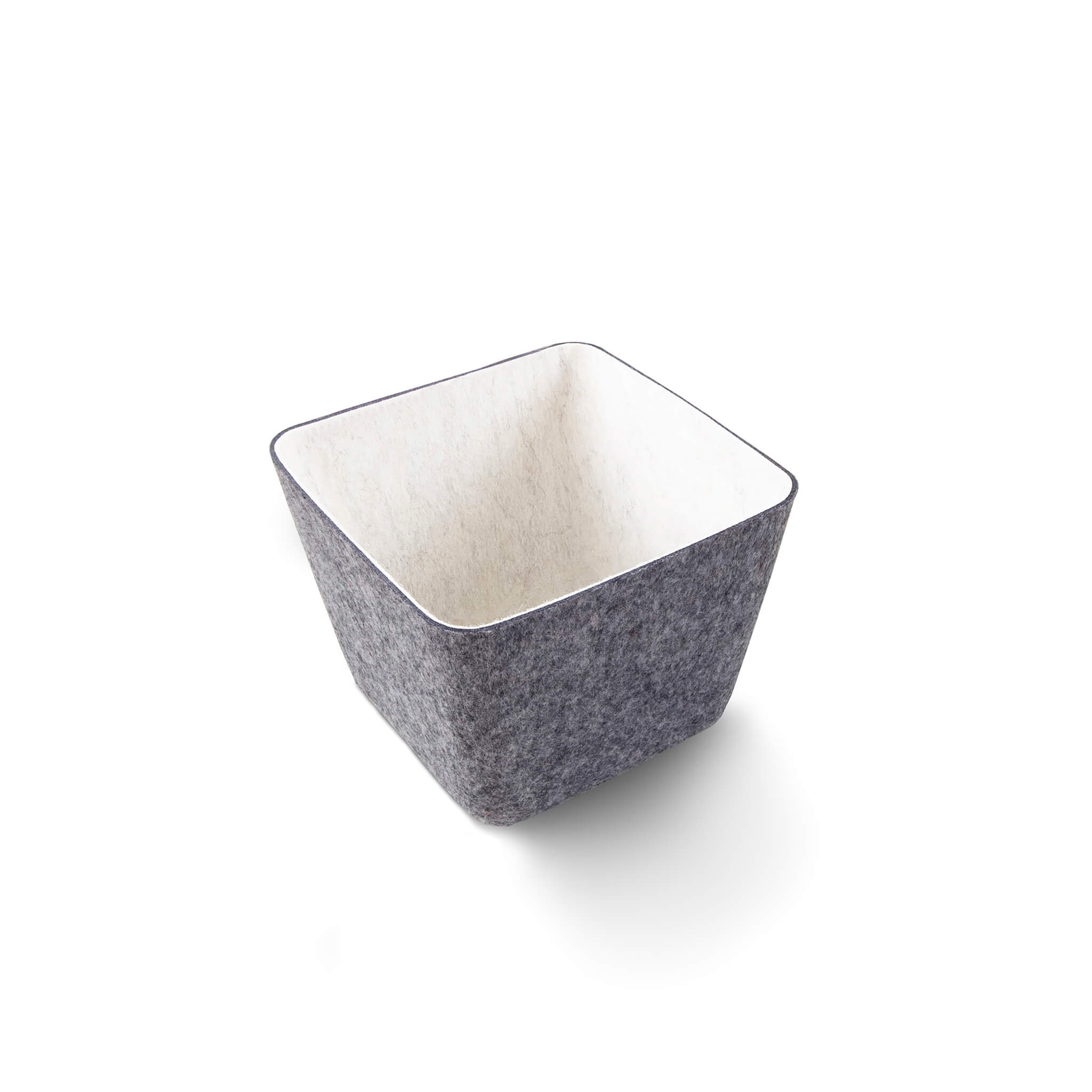 Square recycled felt organizing sorting storage bin with cream interior and grey exterior on a white background