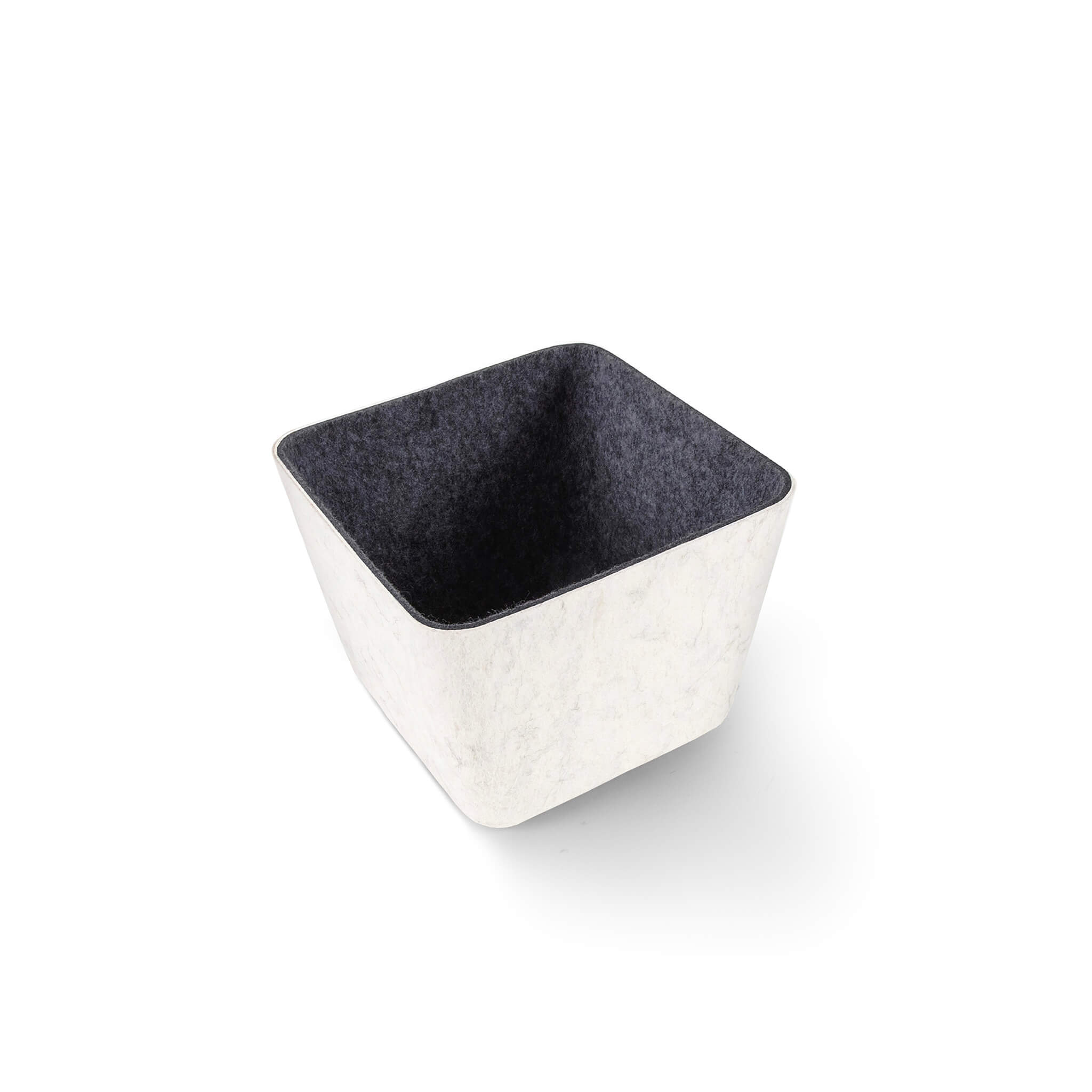 Square recycled felt organizing sorting storage bin with charcoal interior and cream exterior on a white background